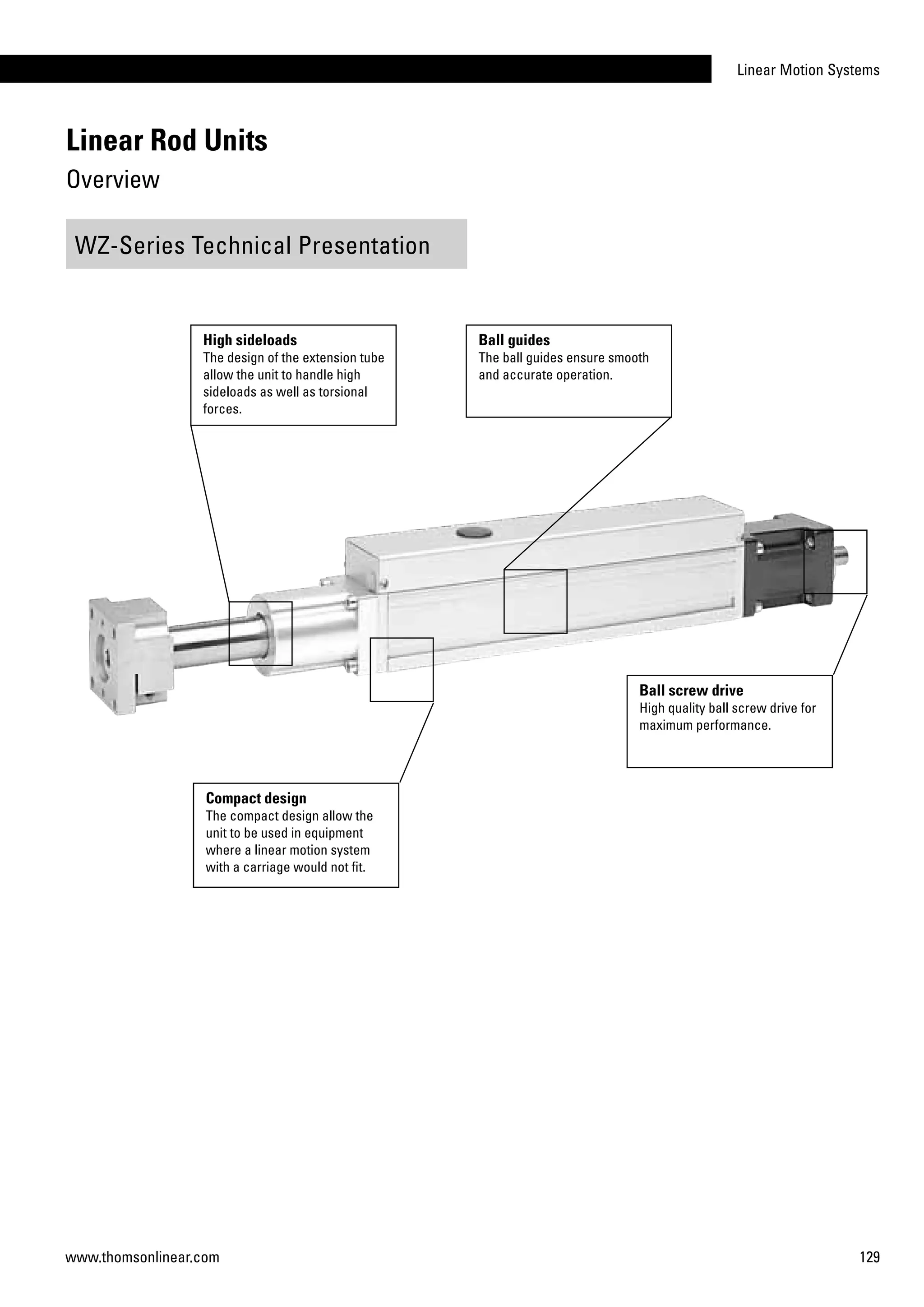 Linear Motion Systems
129www.thomsonlinear.com
Ball guides
The ball guides ensure smooth
and accurate operation.
WZ-Series Technical Presentation
High sideloads
The design of the extension tube
allow the unit to handle high
sideloads as well as torsional
forces.
Ball screw drive
High quality ball screw drive for
maximum performance.
Compact design
The compact design allow the
unit to be used in equipment
where a linear motion system
with a carriage would not fit.
Linear Rod Units
Overview
 
