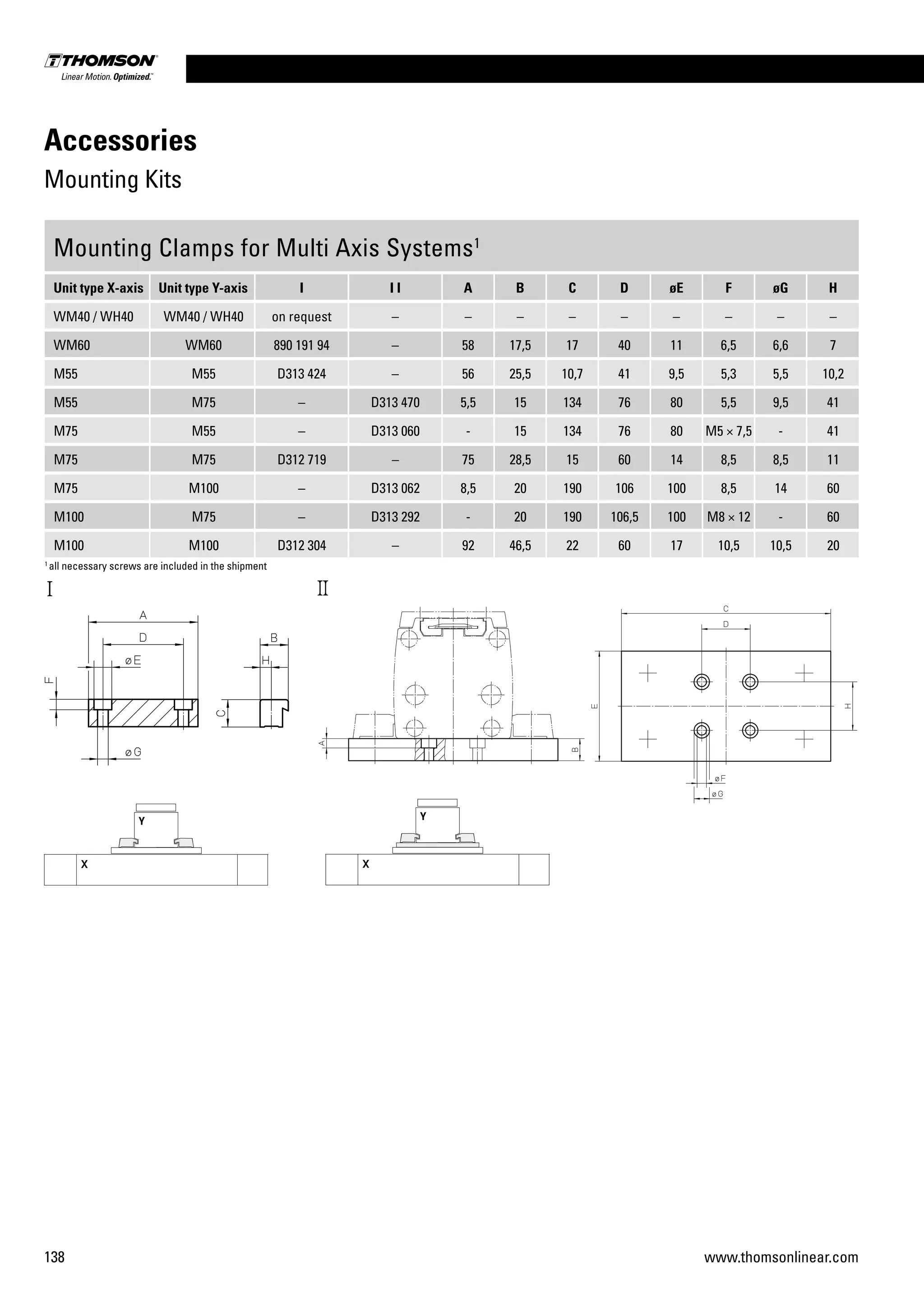 138 www.thomsonlinear.com
Accessories
Mounting Kits
Mounting Clamps for Multi Axis Systems1
Unit type X-axis Unit type Y-axis I I I A B C D øE F øG H
WM40 / WH40 WM40 / WH40 on request – – – – – – – – –
WM60 WM60 890 191 94 – 58 17,5 17 40 11 6,5 6,6 7
M55 M55 D313 424 – 56 25,5 10,7 41 9,5 5,3 5,5 10,2
M55 M75 – D313 470 5,5 15 134 76 80 5,5 9,5 41
M75 M55 – D313 060 - 15 134 76 80 M5 × 7,5 - 41
M75 M75 D312 719 – 75 28,5 15 60 14 8,5 8,5 11
M75 M100 – D313 062 8,5 20 190 106 100 8,5 14 60
M100 M75 – D313 292 - 20 190 106,5 100 M8 × 12 - 60
M100 M100 D312 304 – 92 46,5 22 60 17 10,5 10,5 20
1
all necessary screws are included in the shipment
 