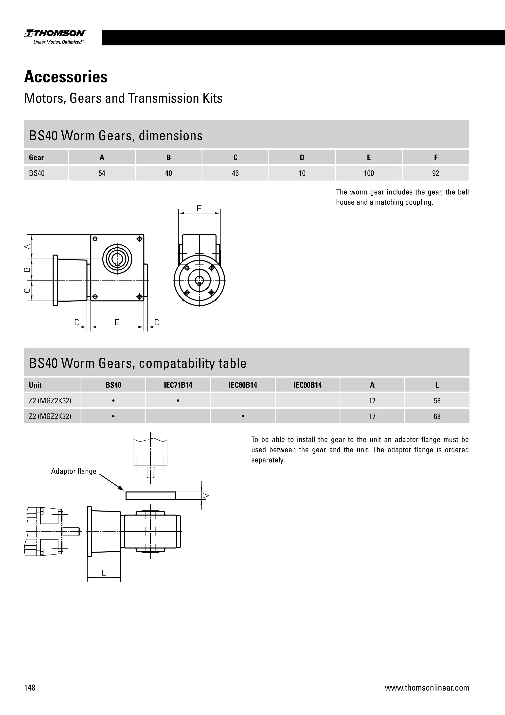 148 www.thomsonlinear.com
Accessories
Motors, Gears and Transmission Kits
BS40 Worm Gears, dimensions
Gear A B C D E F
BS40 54 40 46 10 100 92
BS40 Worm Gears, compatability table
Unit BS40 IEC71B14 IEC80B14 IEC90B14 A L
Z2 (MGZ2K32) • • 17 58
Z2 (MGZ2K32) • • 17 68
The worm gear includes the gear, the bell
house and a matching coupling.
To be able to install the gear to the unit an adaptor flange must be
used between the gear and the unit. The adaptor flange is ordered
separately.
Adaptor flange
 