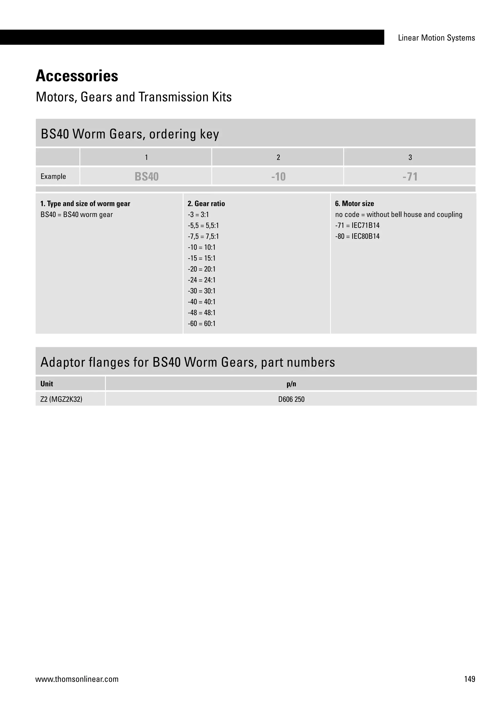 Linear Motion Systems
149www.thomsonlinear.com
Accessories
Motors, Gears and Transmission Kits
BS40 Worm Gears, ordering key
1 2 3
Example BS40 -10 -71
1. Type and size of worm gear
BS40 = BS40 worm gear
2. Gear ratio
-3 = 3:1
-5,5 = 5,5:1
-7,5 = 7,5:1
-10 = 10:1
-15 = 15:1
-20 = 20:1
-24 = 24:1
-30 = 30:1
-40 = 40:1
-48 = 48:1
-60 = 60:1
6. Motor size
no code = without bell house and coupling
-71 = IEC71B14
-80 = IEC80B14
Adaptor flanges for BS40 Worm Gears, part numbers
Unit p/n
Z2 (MGZ2K32) D606 250
 