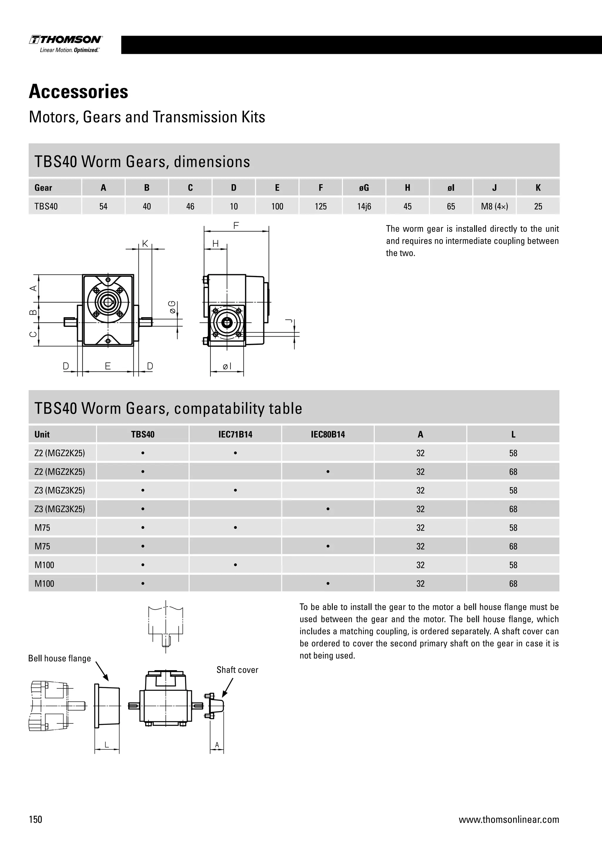 150 www.thomsonlinear.com
Accessories
Motors, Gears and Transmission Kits
TBS40 Worm Gears, dimensions
Gear A B C D E F øG H øI J K
TBS40 54 40 46 10 100 125 14j6 45 65 M8 (4×) 25
TBS40 Worm Gears, compatability table
Unit TBS40 IEC71B14 IEC80B14 A L
Z2 (MGZ2K25) • • 32 58
Z2 (MGZ2K25) • • 32 68
Z3 (MGZ3K25) • • 32 58
Z3 (MGZ3K25) • • 32 68
M75 • • 32 58
M75 • • 32 68
M100 • • 32 58
M100 • • 32 68
The worm gear is installed directly to the unit
and requires no intermediate coupling between
the two.
To be able to install the gear to the motor a bell house flange must be
used between the gear and the motor. The bell house flange, which
includes a matching coupling, is ordered separately. A shaft cover can
be ordered to cover the second primary shaft on the gear in case it is
not being used.Bell house flange
Shaft cover
 