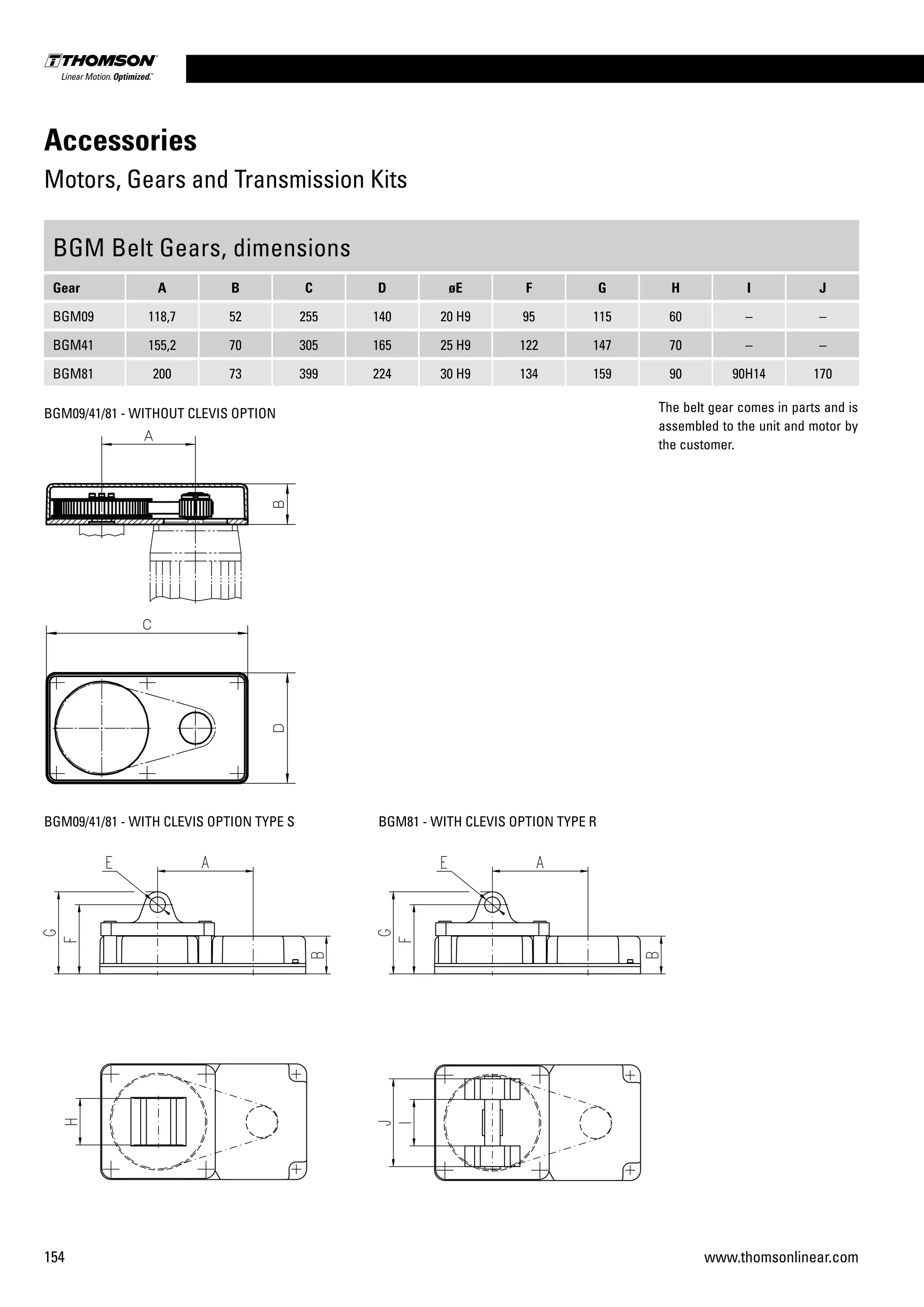 154 www.thomsonlinear.com
Accessories
Motors, Gears and Transmission Kits
BGM Belt Gears, dimensions
Gear A B C D øE F G H I J
BGM09 118,7 52 255 140 20 H9 95 115 60 – –
BGM41 155,2 70 305 165 25 H9 122 147 70 – –
BGM81 200 73 399 224 30 H9 134 159 90 90H14 170
BGM09/41/81 - WITHOUT CLEVIS OPTION
BGM09/41/81 - WITH CLEVIS OPTION TYPE S BGM81 - WITH CLEVIS OPTION TYPE R
The belt gear comes in parts and is
assembled to the unit and motor by
the customer.
 