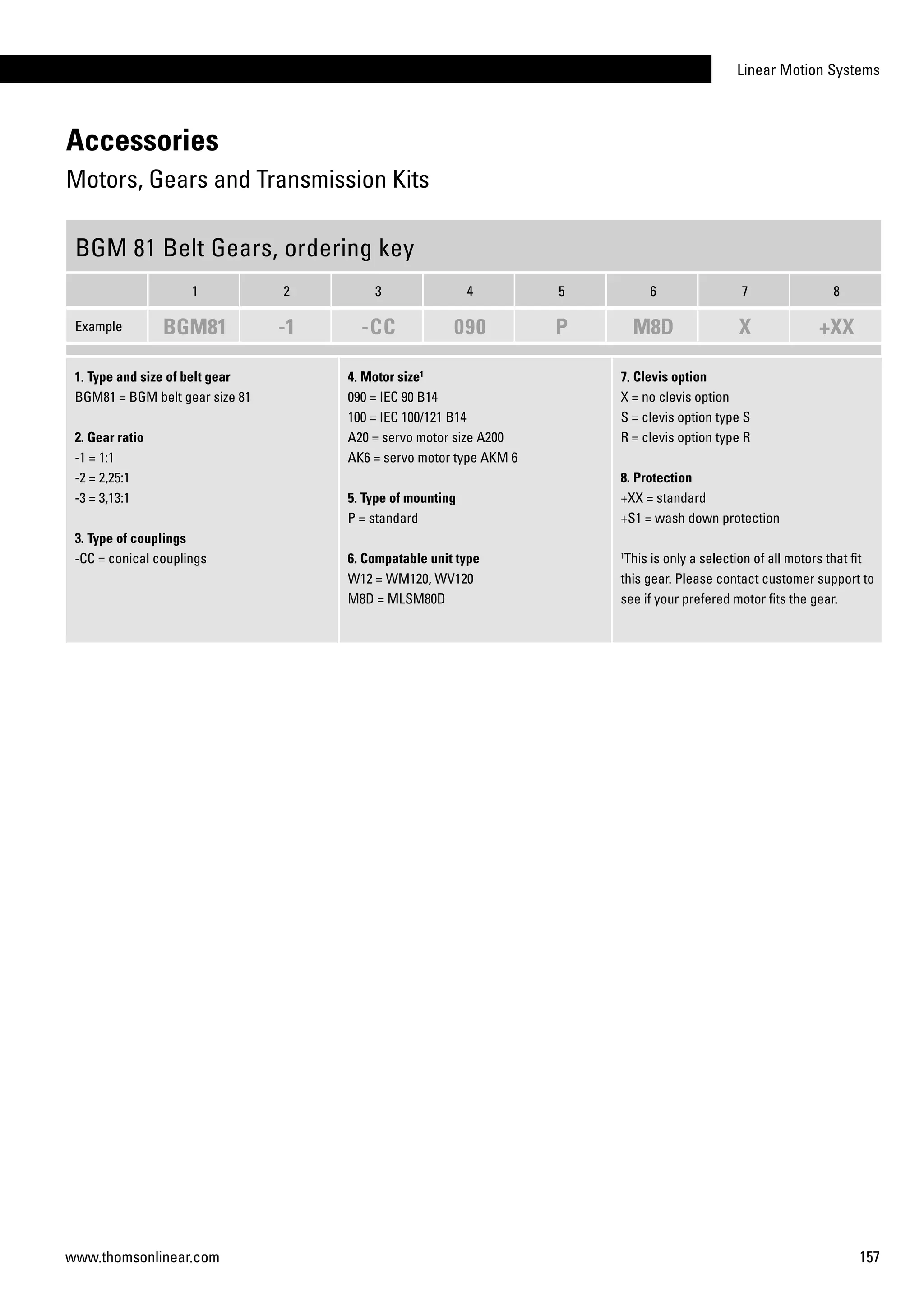 Linear Motion Systems
157www.thomsonlinear.com
Accessories
Motors, Gears and Transmission Kits
BGM 81 Belt Gears, ordering key
1 2 3 4 5 6 7 8
Example BGM81 -1 -CC 090 P M8D X +XX
1. Type and size of belt gear
BGM81 = BGM belt gear size 81
2. Gear ratio
-1 = 1:1
-2 = 2,25:1
-3 = 3,13:1
3. Type of couplings
-CC = conical couplings
4. Motor size1
090 = IEC 90 B14
100 = IEC 100/121 B14
A20 = servo motor size A200
AK6 = servo motor type AKM 6
5. Type of mounting
P = standard
6. Compatable unit type
W12 = WM120, WV120
M8D = MLSM80D
7. Clevis option
X = no clevis option
S = clevis option type S
R = clevis option type R
8. Protection
+XX = standard
+S1 = wash down protection
1
This is only a selection of all motors that fit
this gear. Please contact customer support to
see if your prefered motor fits the gear.
 