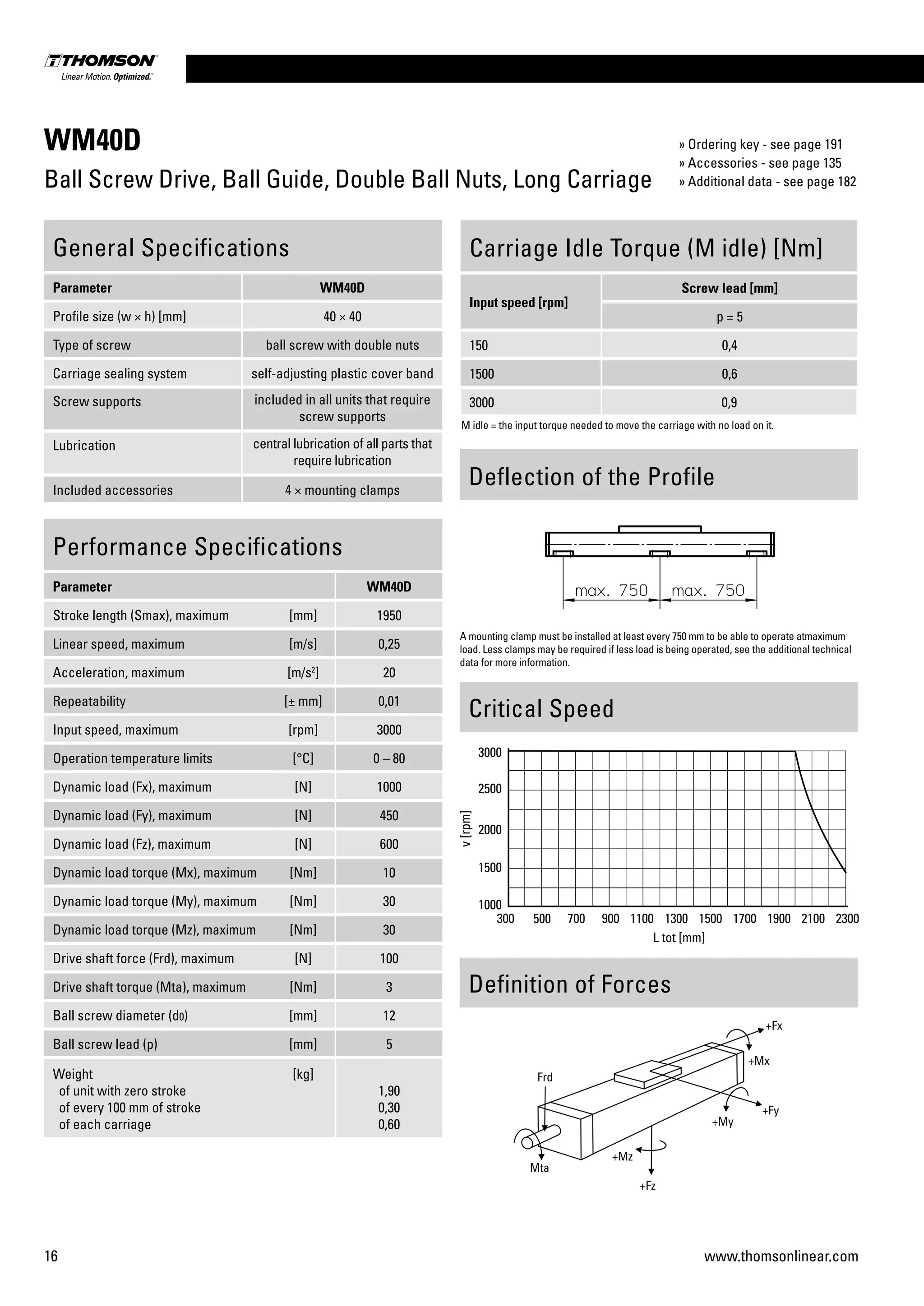 16 www.thomsonlinear.com
WM40D
Ball Screw Drive, Ball Guide, Double Ball Nuts, Long Carriage
Performance Specifications
Parameter WM40D
Stroke length (Smax), maximum [mm] 1950
Linear speed, maximum [m/s] 0,25
Acceleration, maximum [m/s2
] 20
Repeatability [± mm] 0,01
Input speed, maximum [rpm] 3000
Operation temperature limits [°C] 0 – 80
Dynamic load (Fx), maximum [N] 1000
Dynamic load (Fy), maximum [N] 450
Dynamic load (Fz), maximum [N] 600
Dynamic load torque (Mx), maximum [Nm] 10
Dynamic load torque (My), maximum [Nm] 30
Dynamic load torque (Mz), maximum [Nm] 30
Drive shaft force (Frd), maximum [N] 100
Drive shaft torque (Mta), maximum [Nm] 3
Ball screw diameter (d0) [mm] 12
Ball screw lead (p) [mm] 5
Weight
of unit with zero stroke
of every 100 mm of stroke
of each carriage
[kg]
1,90
0,30
0,60
General Specifications
Parameter WM40D
Profile size (w × h) [mm] 40 × 40
Type of screw ball screw with double nuts
Carriage sealing system self-adjusting plastic cover band
Screw supports included in all units that require
screw supports
Lubrication central lubrication of all parts that
require lubrication
Included accessories 4 × mounting clamps
Carriage Idle Torque (M idle) [Nm]
Input speed [rpm]
Screw lead [mm]
p = 5
150 0,4
1500 0,6
3000 0,9
M idle = the input torque needed to move the carriage with no load on it.
Definition of Forces
Deflection of the Profile
A mounting clamp must be installed at least every 750 mm to be able to operate atmaximum
load. Less clamps may be required if less load is being operated, see the additional technical
data for more information.
Critical Speed
» Ordering key - see page 191
» Accessories - see page 135
» Additional data - see page 182
 