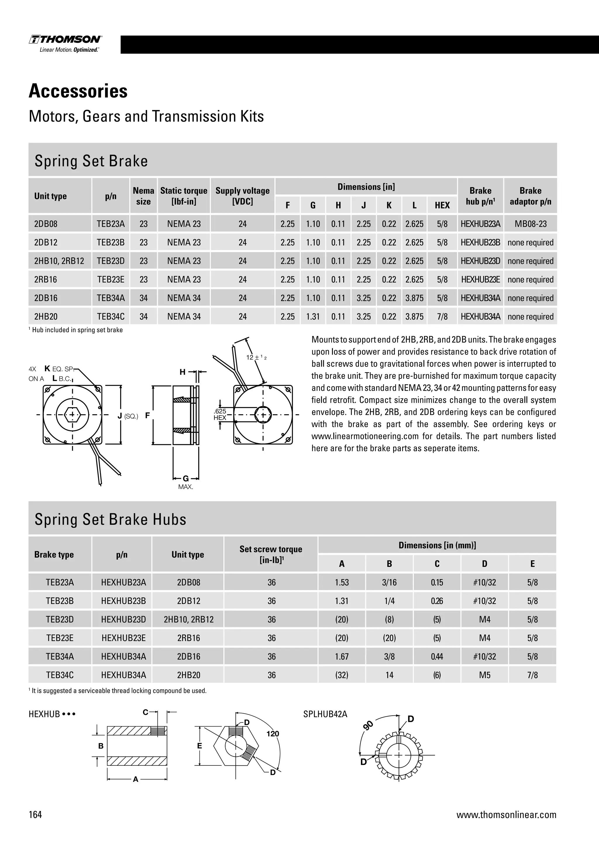 164 www.thomsonlinear.com
Accessories
Motors, Gears and Transmission Kits
Spring Set Brake
Unit type p/n
Nema
size
Static torque
[lbf-in]
Supply voltage
[VDC]
Dimensions [in] Brake
hub p/n1
Brake
adaptor p/nF G H J K L HEX
2DB08 TEB23A 23 NEMA 23 24 2.25 1.10 0.11 2.25 0.22 2.625 5/8 HEXHUB23A MB08-23
2DB12 TEB23B 23 NEMA 23 24 2.25 1.10 0.11 2.25 0.22 2.625 5/8 HEXHUB23B nonerequired
2HB10, 2RB12 TEB23D 23 NEMA 23 24 2.25 1.10 0.11 2.25 0.22 2.625 5/8 HEXHUB23D nonerequired
2RB16 TEB23E 23 NEMA 23 24 2.25 1.10 0.11 2.25 0.22 2.625 5/8 HEXHUB23E nonerequired
2DB16 TEB34A 34 NEMA 34 24 2.25 1.10 0.11 3.25 0.22 3.875 5/8 HEXHUB34A nonerequired
2HB20 TEB34C 34 NEMA 34 24 2.25 1.31 0.11 3.25 0.22 3.875 7/8 HEXHUB34A nonerequired
Spring Set Brake Hubs
Brake type p/n Unit type
Set screw torque
[in-lb]1
Dimensions [in (mm)]
A B C D E
TEB23A HEXHUB23A 2DB08 36 1.53 3/16 0.15 #10/32 5/8
TEB23B HEXHUB23B 2DB12 36 1.31 1/4 0.26 #10/32 5/8
TEB23D HEXHUB23D 2HB10, 2RB12 36 (20) (8) (5) M4 5/8
TEB23E HEXHUB23E 2RB16 36 (20) (20) (5) M4 5/8
TEB34A HEXHUB34A 2DB16 36 1.67 3/8 0.44 #10/32 5/8
TEB34C HEXHUB34A 2HB20 36 (32) 14 (6) M5 7/8
1
Hub included in spring set brake
Mountstosupportendof 2HB,2RB,and2DBunits.Thebrakeengages
upon loss of power and provides resistance to back drive rotation of
ball screws due to gravitational forces when power is interrupted to
the brake unit. They are pre-burnished for maximum torque capacity
andcomewithstandardNEMA23,34or42mountingpatternsforeasy
field retrofit. Compact size minimizes change to the overall system
envelope. The 2HB, 2RB, and 2DB ordering keys can be configured
with the brake as part of the assembly. See ordering keys or
www.linearmotioneering.com for details. The part numbers listed
here are for the brake parts as seperate items.
1
It is suggested a serviceable thread locking compound be used.
SPLHUB42AHEXHUB • • •
 