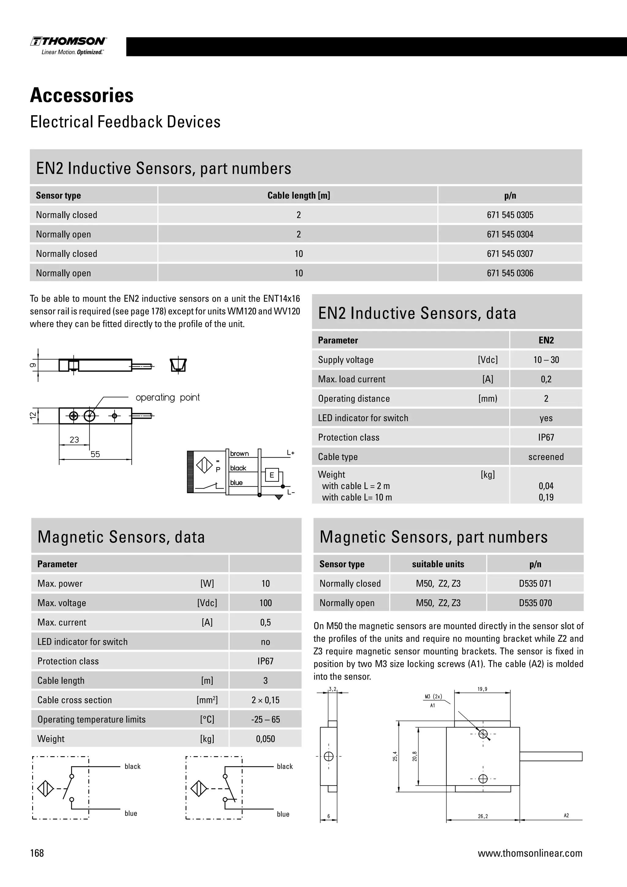 168 www.thomsonlinear.com
Accessories
Electrical Feedback Devices
EN2 Inductive Sensors, data
Parameter EN2
Supply voltage [Vdc] 10 – 30
Max. load current [A] 0,2
Operating distance [mm) 2
LED indicator for switch yes
Protection class IP67
Cable type screened
Weight
with cable L = 2 m
with cable L= 10 m
[kg]
0,04
0,19
EN2 Inductive Sensors, part numbers
Sensor type Cable length [m] p/n
Normally closed 2 671 545 0305
Normally open 2 671 545 0304
Normally closed 10 671 545 0307
Normally open 10 671 545 0306
To be able to mount the EN2 inductive sensors on a unit the ENT14x16
sensor rail is required (see page 178) except for units WM120 and WV120
where they can be fitted directly to the profile of the unit.
Magnetic Sensors, data
Parameter
Max. power [W] 10
Max. voltage [Vdc] 100
Max. current [A] 0,5
LED indicator for switch no
Protection class IP67
Cable length [m] 3
Cable cross section [mm2
] 2 × 0,15
Operating temperature limits [°C] -25 – 65
Weight [kg] 0,050
Magnetic Sensors, part numbers
Sensor type suitable units p/n
Normally closed M50, Z2, Z3 D535 071
Normally open M50, Z2, Z3 D535 070
On M50 the magnetic sensors are mounted directly in the sensor slot of
the profiles of the units and require no mounting bracket while Z2 and
Z3 require magnetic sensor mounting brackets. The sensor is fixed in
position by two M3 size locking screws (A1). The cable (A2) is molded
into the sensor.
blue
black
blue
black
 