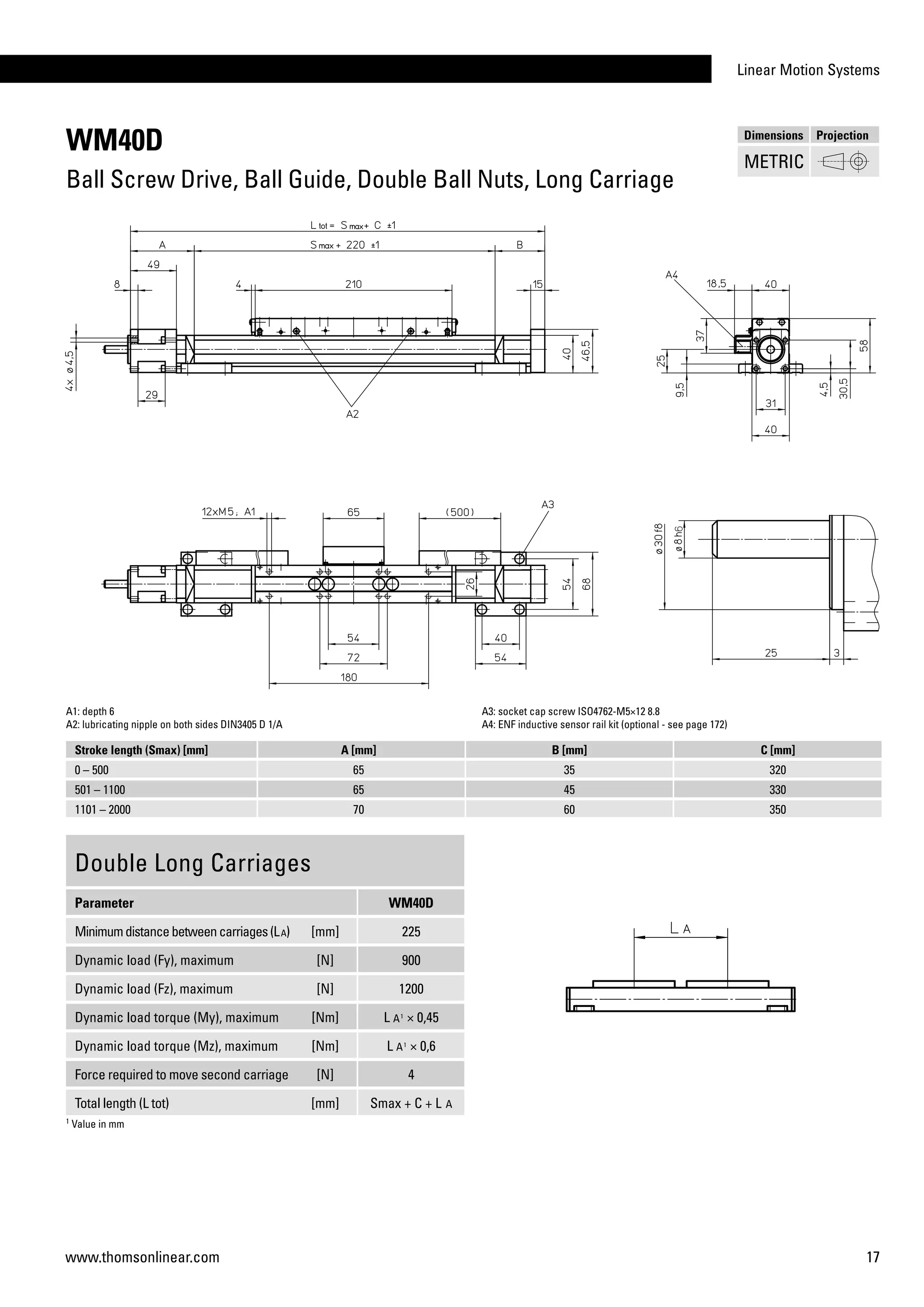 Linear Motion Systems
17www.thomsonlinear.com
WM40D
Ball Screw Drive, Ball Guide, Double Ball Nuts, Long Carriage
Double Long Carriages
Parameter WM40D
Minimumdistancebetweencarriages(LA) [mm] 225
Dynamic load (Fy), maximum [N] 900
Dynamic load (Fz), maximum [N] 1200
Dynamic load torque (My), maximum [Nm] L A1
× 0,45
Dynamic load torque (Mz), maximum [Nm] L A1
× 0,6
Force required to move second carriage [N] 4
Total length (L tot) [mm] Smax + C + L A
A1: depth 6
A2: lubricating nipple on both sides DIN3405 D 1/A
A3: socket cap screw ISO4762-M5×12 8.8
A4: ENF inductive sensor rail kit (optional - see page 172)
Stroke length (Smax) [mm] A [mm] B [mm] C [mm]
0 – 500 65 35 320
501 – 1100 65 45 330
1101 – 2000 70 60 350
1
Value in mm
Dimensions Projection
METRIC
 