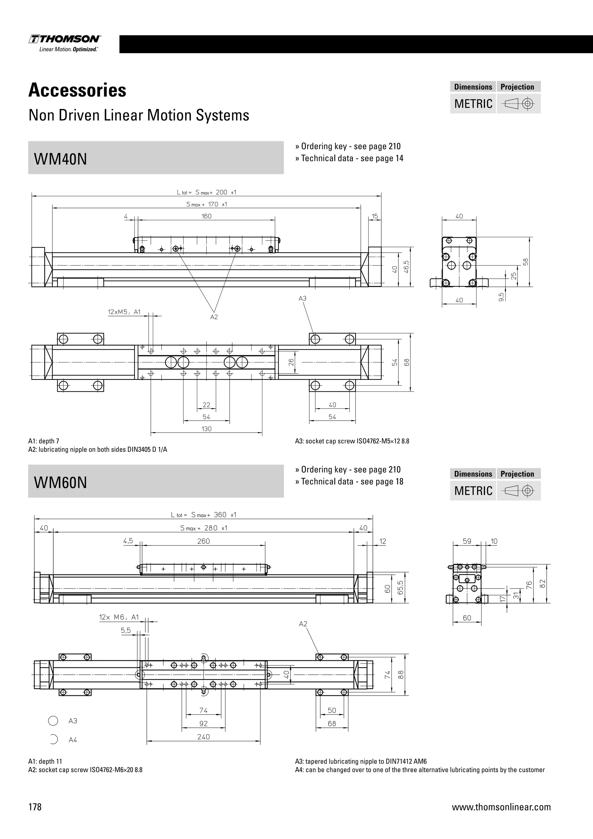 178 www.thomsonlinear.com
Accessories
Non Driven Linear Motion Systems
WM40N
WM60N
A1: depth 7
A2: lubricating nipple on both sides DIN3405 D 1/A
A3: socket cap screw ISO4762-M5×12 8.8
A1: depth 11
A2: socket cap screw ISO4762-M6×20 8.8
A3: tapered lubricating nipple to DIN71412 AM6
A4: can be changed over to one of the three alternative lubricating points by the customer
» Ordering key - see page 210
» Technical data - see page 14
» Ordering key - see page 210
» Technical data - see page 18
Dimensions Projection
METRIC
Dimensions Projection
METRIC
 