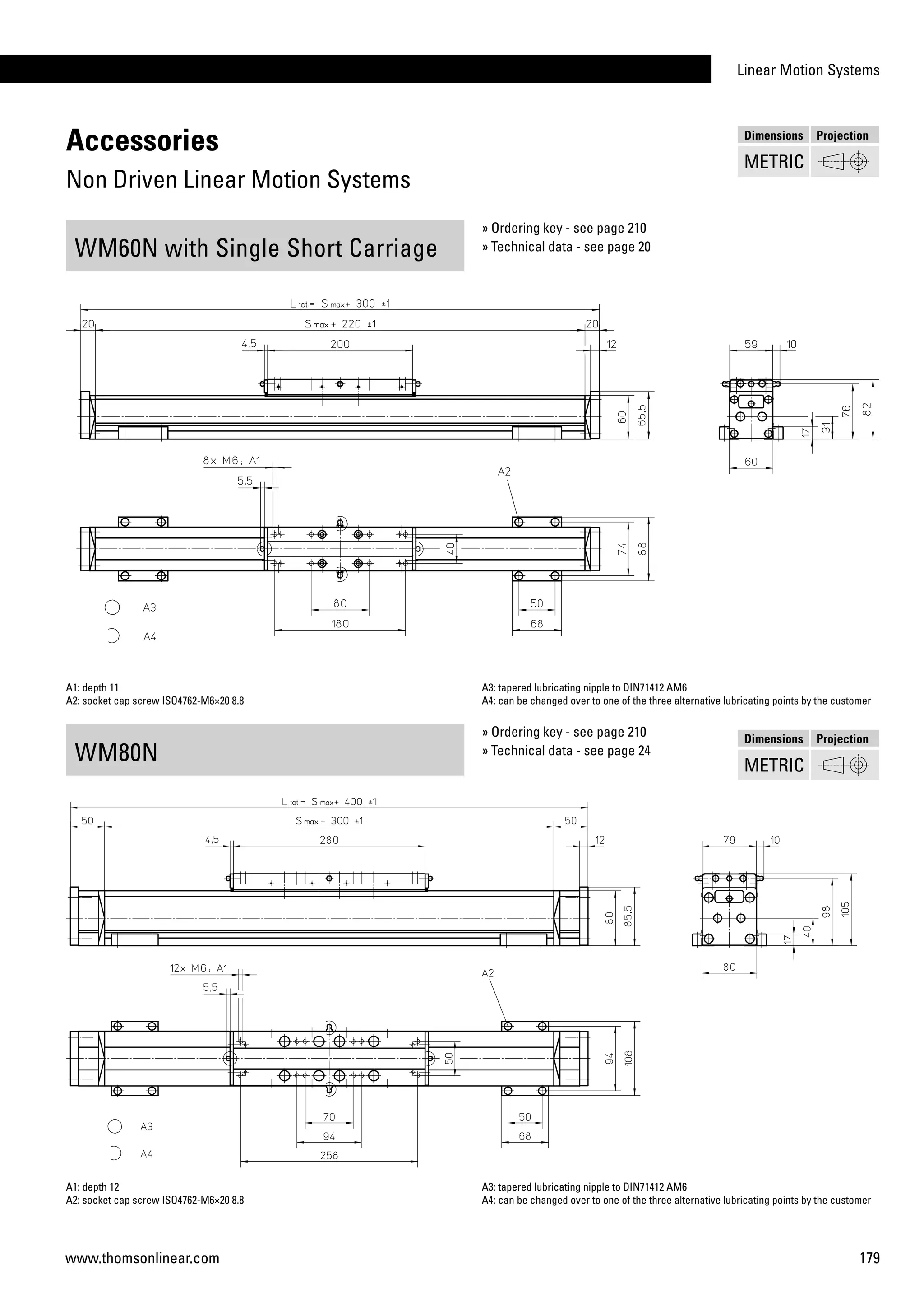 Linear Motion Systems
179www.thomsonlinear.com
Accessories
Non Driven Linear Motion Systems
WM60N with Single Short Carriage
WM80N
A1: depth 11
A2: socket cap screw ISO4762-M6×20 8.8
A3: tapered lubricating nipple to DIN71412 AM6
A4: can be changed over to one of the three alternative lubricating points by the customer
A1: depth 12
A2: socket cap screw ISO4762-M6×20 8.8
A3: tapered lubricating nipple to DIN71412 AM6
A4: can be changed over to one of the three alternative lubricating points by the customer
» Ordering key - see page 210
» Technical data - see page 20
» Ordering key - see page 210
» Technical data - see page 24
Dimensions Projection
METRIC
Dimensions Projection
METRIC
 
