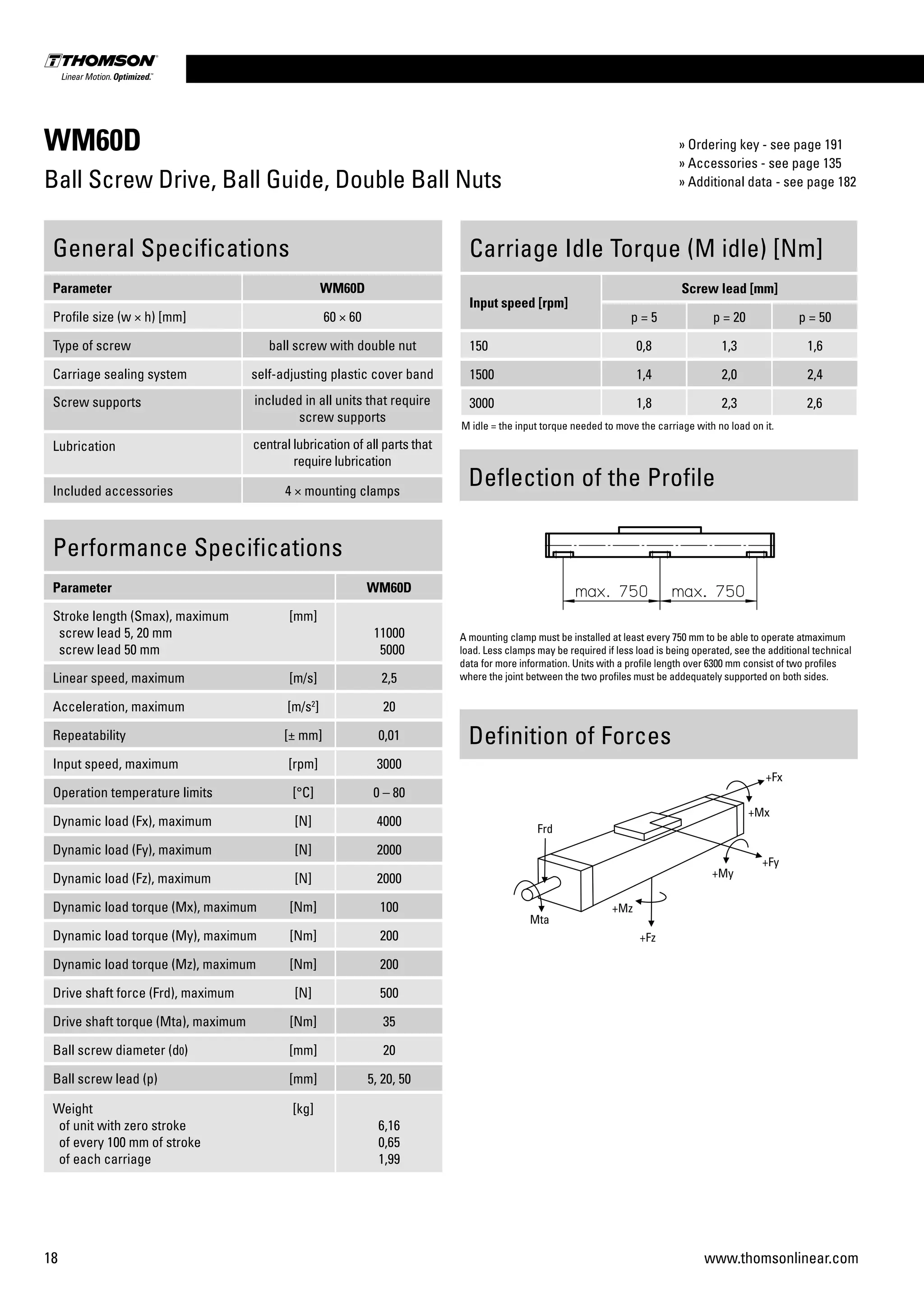 18 www.thomsonlinear.com
WM60D
Ball Screw Drive, Ball Guide, Double Ball Nuts
Performance Specifications
Parameter WM60D
Stroke length (Smax), maximum
screw lead 5, 20 mm
screw lead 50 mm
[mm]
11000
5000
Linear speed, maximum [m/s] 2,5
Acceleration, maximum [m/s2
] 20
Repeatability [± mm] 0,01
Input speed, maximum [rpm] 3000
Operation temperature limits [°C] 0 – 80
Dynamic load (Fx), maximum [N] 4000
Dynamic load (Fy), maximum [N] 2000
Dynamic load (Fz), maximum [N] 2000
Dynamic load torque (Mx), maximum [Nm] 100
Dynamic load torque (My), maximum [Nm] 200
Dynamic load torque (Mz), maximum [Nm] 200
Drive shaft force (Frd), maximum [N] 500
Drive shaft torque (Mta), maximum [Nm] 35
Ball screw diameter (d0) [mm] 20
Ball screw lead (p) [mm] 5, 20, 50
Weight
of unit with zero stroke
of every 100 mm of stroke
of each carriage
[kg]
6,16
0,65
1,99
General Specifications
Parameter WM60D
Profile size (w × h) [mm] 60 × 60
Type of screw ball screw with double nut
Carriage sealing system self-adjusting plastic cover band
Screw supports included in all units that require
screw supports
Lubrication central lubrication of all parts that
require lubrication
Included accessories 4 × mounting clamps
Carriage Idle Torque (M idle) [Nm]
Input speed [rpm]
Screw lead [mm]
p = 5 p = 20 p = 50
150 0,8 1,3 1,6
1500 1,4 2,0 2,4
3000 1,8 2,3 2,6
M idle = the input torque needed to move the carriage with no load on it.
Definition of Forces
Deflection of the Profile
A mounting clamp must be installed at least every 750 mm to be able to operate atmaximum
load. Less clamps may be required if less load is being operated, see the additional technical
data for more information. Units with a profile length over 6300 mm consist of two profiles
where the joint between the two profiles must be addequately supported on both sides.
» Ordering key - see page 191
» Accessories - see page 135
» Additional data - see page 182
 
