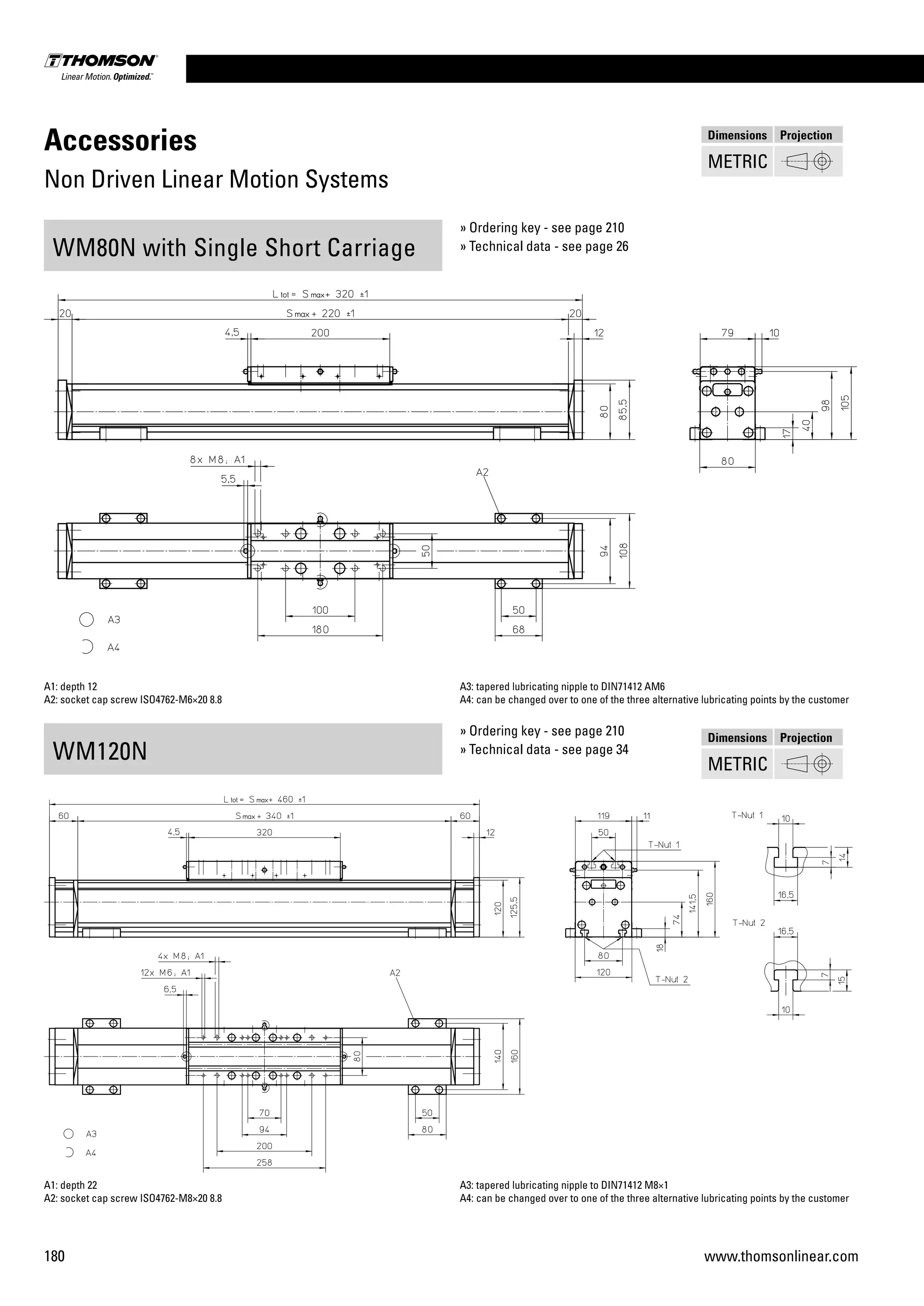 180 www.thomsonlinear.com
Accessories
Non Driven Linear Motion Systems
WM80N with Single Short Carriage
WM120N
A1: depth 12
A2: socket cap screw ISO4762-M6×20 8.8
A3: tapered lubricating nipple to DIN71412 AM6
A4: can be changed over to one of the three alternative lubricating points by the customer
A1: depth 22
A2: socket cap screw ISO4762-M8×20 8.8
A3: tapered lubricating nipple to DIN71412 M8×1
A4: can be changed over to one of the three alternative lubricating points by the customer
» Ordering key - see page 210
» Technical data - see page 26
» Ordering key - see page 210
» Technical data - see page 34
Dimensions Projection
METRIC
Dimensions Projection
METRIC
 