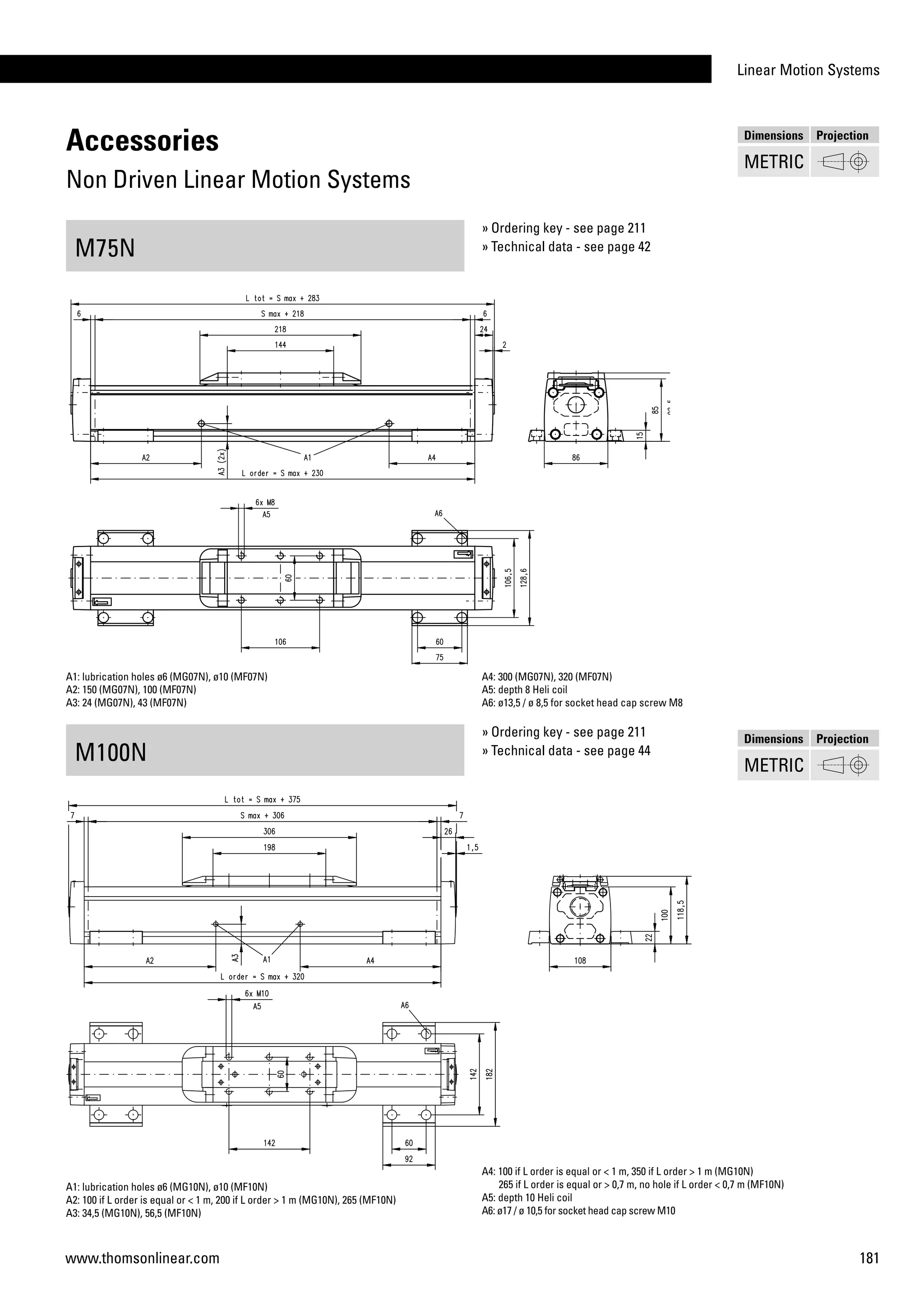 Linear Motion Systems
181www.thomsonlinear.com
Accessories
Non Driven Linear Motion Systems
M75N
M100N
A1: lubrication holes ø6 (MG07N), ø10 (MF07N)
A2: 150 (MG07N), 100 (MF07N)
A3: 24 (MG07N), 43 (MF07N)
A4: 300 (MG07N), 320 (MF07N)
A5: depth 8 Heli coil
A6: ø13,5 / ø 8,5 for socket head cap screw M8
A1: lubrication holes ø6 (MG10N), ø10 (MF10N)
A2: 100 if L order is equal or < 1 m, 200 if L order > 1 m (MG10N), 265 (MF10N)
A3: 34,5 (MG10N), 56,5 (MF10N)
A4: 100 if L order is equal or < 1 m, 350 if L order > 1 m (MG10N)
265 if L order is equal or > 0,7 m, no hole if L order < 0,7 m (MF10N)
A5: depth 10 Heli coil
A6: ø17 / ø 10,5 for socket head cap screw M10
» Ordering key - see page 211
» Technical data - see page 42
» Ordering key - see page 211
» Technical data - see page 44
Dimensions Projection
METRIC
Dimensions Projection
METRIC
 