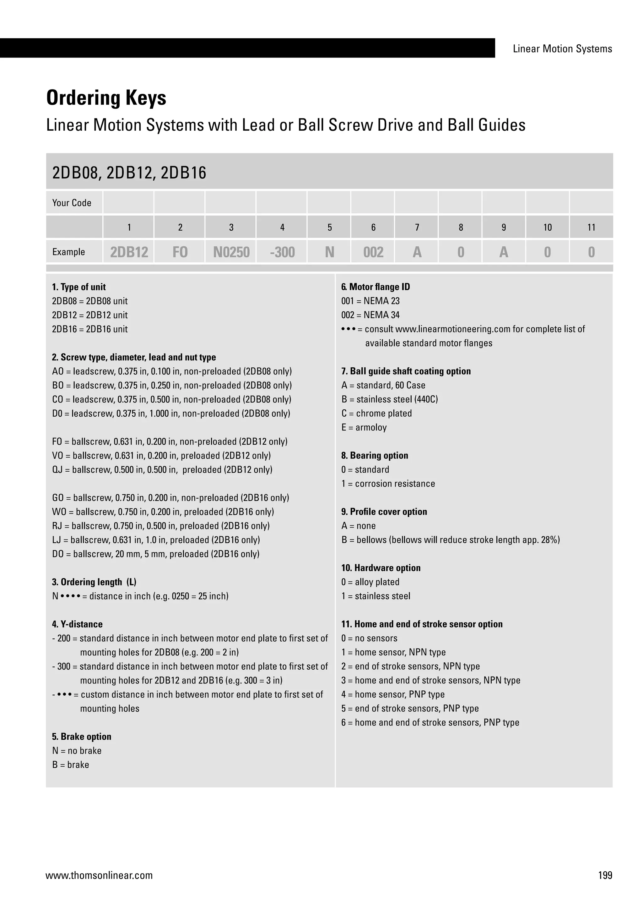 Linear Motion Systems
199www.thomsonlinear.com
2DB08, 2DB12, 2DB16
Your Code
1 2 3 4 5 6 7 8 9 10 11
Example 2DB12 FO N0250 -300 N 002 A 0 A 0 0
1. Type of unit
2DB08 = 2DB08 unit
2DB12 = 2DB12 unit
2DB16 = 2DB16 unit
2. Screw type, diameter, lead and nut type
AO = leadscrew, 0.375 in, 0.100 in, non-preloaded (2DB08 only)
BO = leadscrew, 0.375 in, 0.250 in, non-preloaded (2DB08 only)	
CO = leadscrew, 0.375 in, 0.500 in, non-preloaded (2DB08 only)	
D0 = leadscrew, 0.375 in, 1.000 in, non-preloaded (2DB08 only)
	
FO = ballscrew, 0.631 in, 0.200 in, non-preloaded (2DB12 only)	
VO = ballscrew, 0.631 in, 0.200 in, preloaded (2DB12 only)	
QJ = ballscrew, 0.500 in, 0.500 in, preloaded (2DB12 only)
GO = ballscrew, 0.750 in, 0.200 in, non-preloaded (2DB16 only)
WO = ballscrew, 0.750 in, 0.200 in, preloaded (2DB16 only)	
RJ = ballscrew, 0.750 in, 0.500 in, preloaded (2DB16 only)	
LJ = ballscrew, 0.631 in, 1.0 in, preloaded (2DB16 only)		
DO = ballscrew, 20 mm, 5 mm, preloaded (2DB16 only)	
3. Ordering length (L)
N • • • • = distance in inch (e.g. 0250 = 25 inch)
4. Y-distance
- 200 = standard distance in inch between motor end plate to first set of
mounting holes for 2DB08 (e.g. 200 = 2 in)
- 300 = standard distance in inch between motor end plate to first set of
mounting holes for 2DB12 and 2DB16 (e.g. 300 = 3 in)
- • • • = custom distance in inch between motor end plate to first set of
mounting holes
5. Brake option
N = no brake
B = brake
6. Motor flange ID
001 = NEMA 23
002 = NEMA 34
• • • = consult www.linearmotioneering.com for complete list of
available standard motor flanges
7. Ball guide shaft coating option
A = standard, 60 Case
B = stainless steel (440C)
C = chrome plated
E = armoloy
8. Bearing option
0 = standard
1 = corrosion resistance
9. Profile cover option
A = none
B = bellows (bellows will reduce stroke length app. 28%)
10. Hardware option
0 = alloy plated
1 = stainless steel
11. Home and end of stroke sensor option
0 = no sensors
1 = home sensor, NPN type
2 = end of stroke sensors, NPN type
3 = home and end of stroke sensors, NPN type
4 = home sensor, PNP type
5 = end of stroke sensors, PNP type
6 = home and end of stroke sensors, PNP type
Ordering Keys
Linear Motion Systems with Lead or Ball Screw Drive and Ball Guides
 