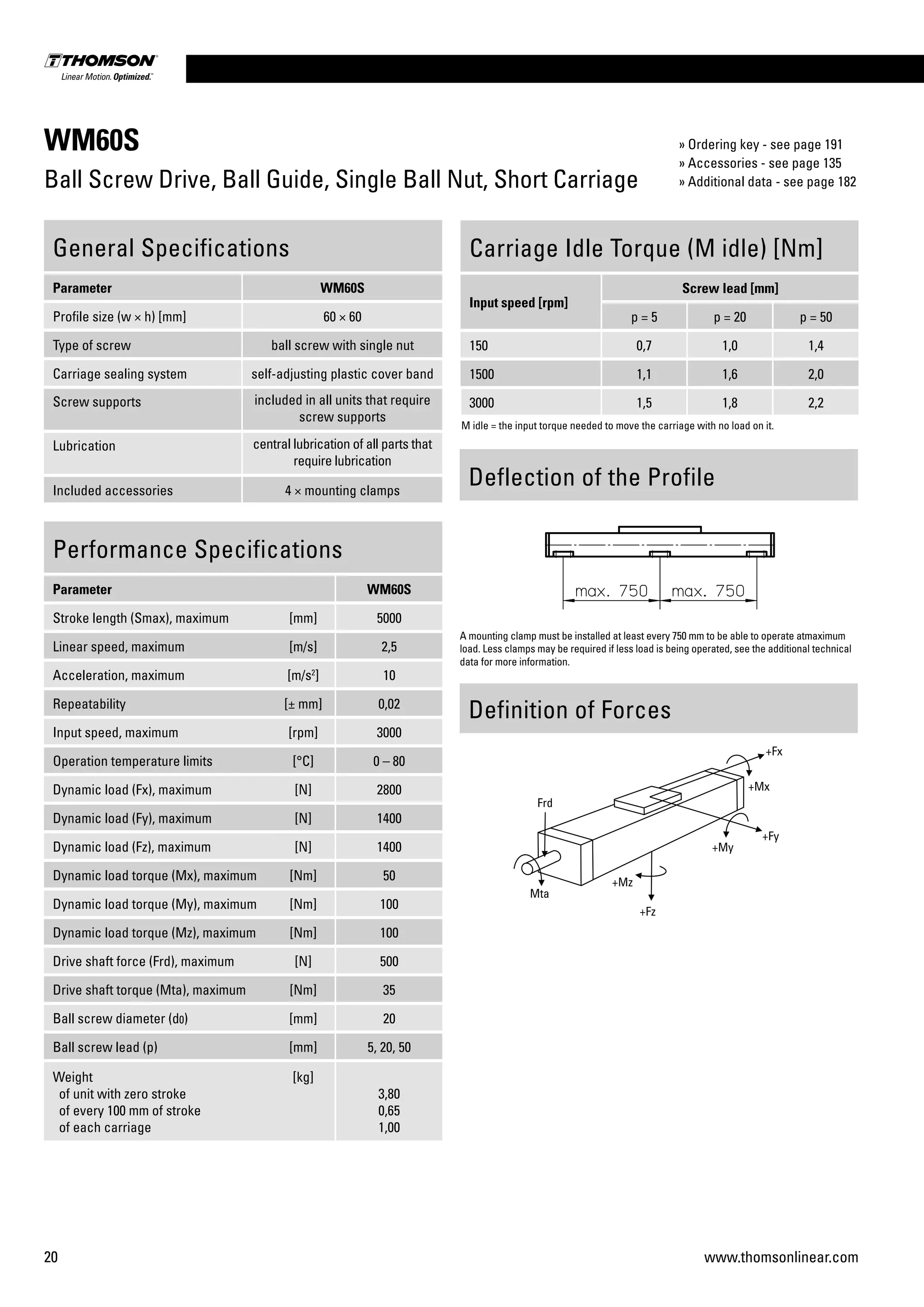 20 www.thomsonlinear.com
WM60S
Ball Screw Drive, Ball Guide, Single Ball Nut, Short Carriage
Performance Specifications
Parameter WM60S
Stroke length (Smax), maximum [mm] 5000
Linear speed, maximum [m/s] 2,5
Acceleration, maximum [m/s2
] 10
Repeatability [± mm] 0,02
Input speed, maximum [rpm] 3000
Operation temperature limits [°C] 0 – 80
Dynamic load (Fx), maximum [N] 2800
Dynamic load (Fy), maximum [N] 1400
Dynamic load (Fz), maximum [N] 1400
Dynamic load torque (Mx), maximum [Nm] 50
Dynamic load torque (My), maximum [Nm] 100
Dynamic load torque (Mz), maximum [Nm] 100
Drive shaft force (Frd), maximum [N] 500
Drive shaft torque (Mta), maximum [Nm] 35
Ball screw diameter (d0) [mm] 20
Ball screw lead (p) [mm] 5, 20, 50
Weight
of unit with zero stroke
of every 100 mm of stroke
of each carriage
[kg]
3,80
0,65
1,00
General Specifications
Parameter WM60S
Profile size (w × h) [mm] 60 × 60
Type of screw ball screw with single nut
Carriage sealing system self-adjusting plastic cover band
Screw supports included in all units that require
screw supports
Lubrication central lubrication of all parts that
require lubrication
Included accessories 4 × mounting clamps
Carriage Idle Torque (M idle) [Nm]
Input speed [rpm]
Screw lead [mm]
p = 5 p = 20 p = 50
150 0,7 1,0 1,4
1500 1,1 1,6 2,0
3000 1,5 1,8 2,2
M idle = the input torque needed to move the carriage with no load on it.
Definition of Forces
Deflection of the Profile
A mounting clamp must be installed at least every 750 mm to be able to operate atmaximum
load. Less clamps may be required if less load is being operated, see the additional technical
data for more information.
» Ordering key - see page 191
» Accessories - see page 135
» Additional data - see page 182
 