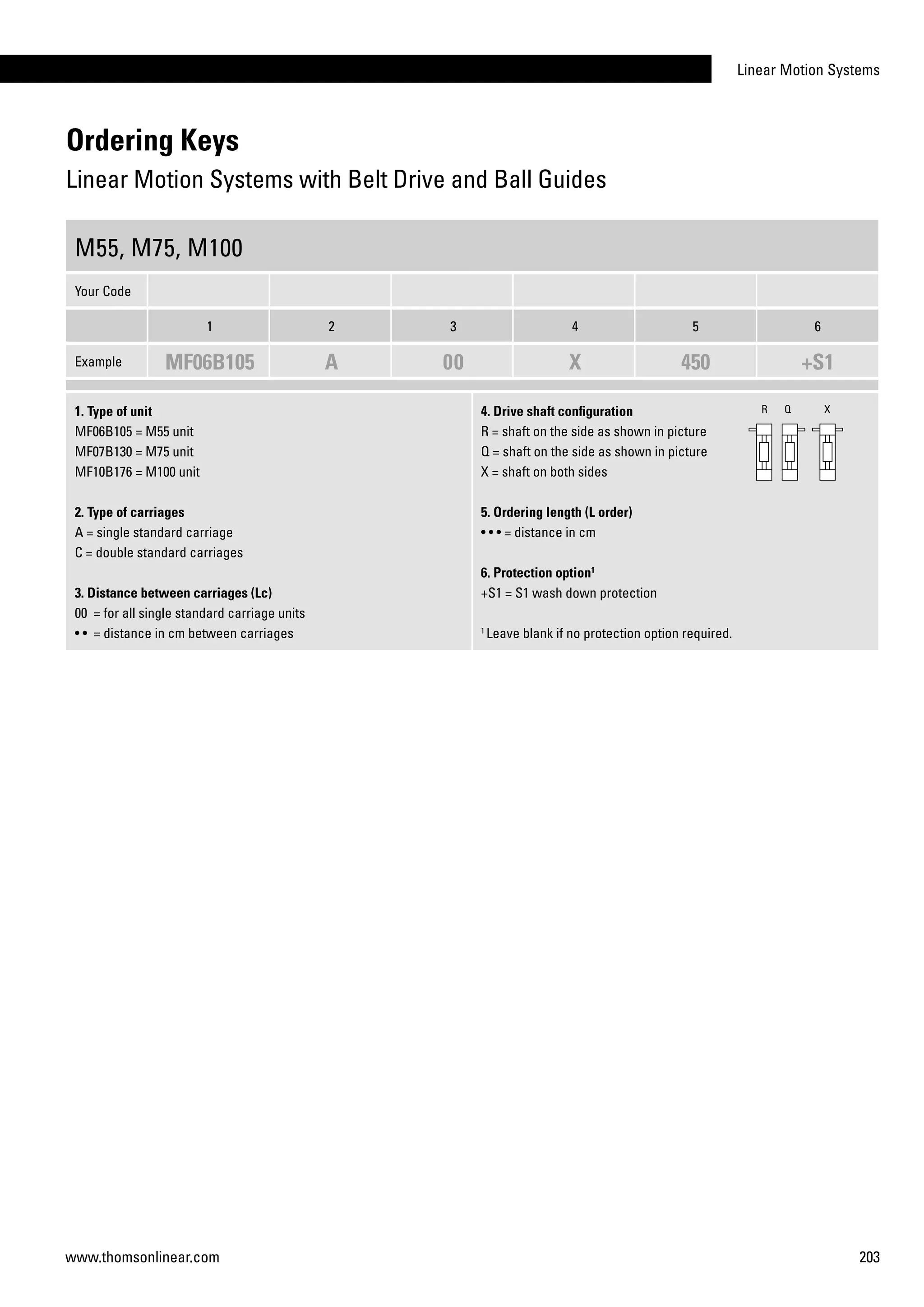 Linear Motion Systems
203www.thomsonlinear.com
M55, M75, M100
Your Code
1 2 3 4 5 6
Example MF06B105 A 00 X 450 +S1
1. Type of unit
MF06B105 = M55 unit
MF07B130 = M75 unit
MF10B176 = M100 unit
2. Type of carriages
A = single standard carriage
C = double standard carriages
3. Distance between carriages (Lc)
00 = for all single standard carriage units
• • = distance in cm between carriages
4. Drive shaft configuration
R = shaft on the side as shown in picture
Q = shaft on the side as shown in picture
X = shaft on both sides
5. Ordering length (L order)
• • • = distance in cm
6. Protection option1
+S1 = S1 wash down protection
1
Leave blank if no protection option required.
R Q X
Ordering Keys
Linear Motion Systems with Belt Drive and Ball Guides
 