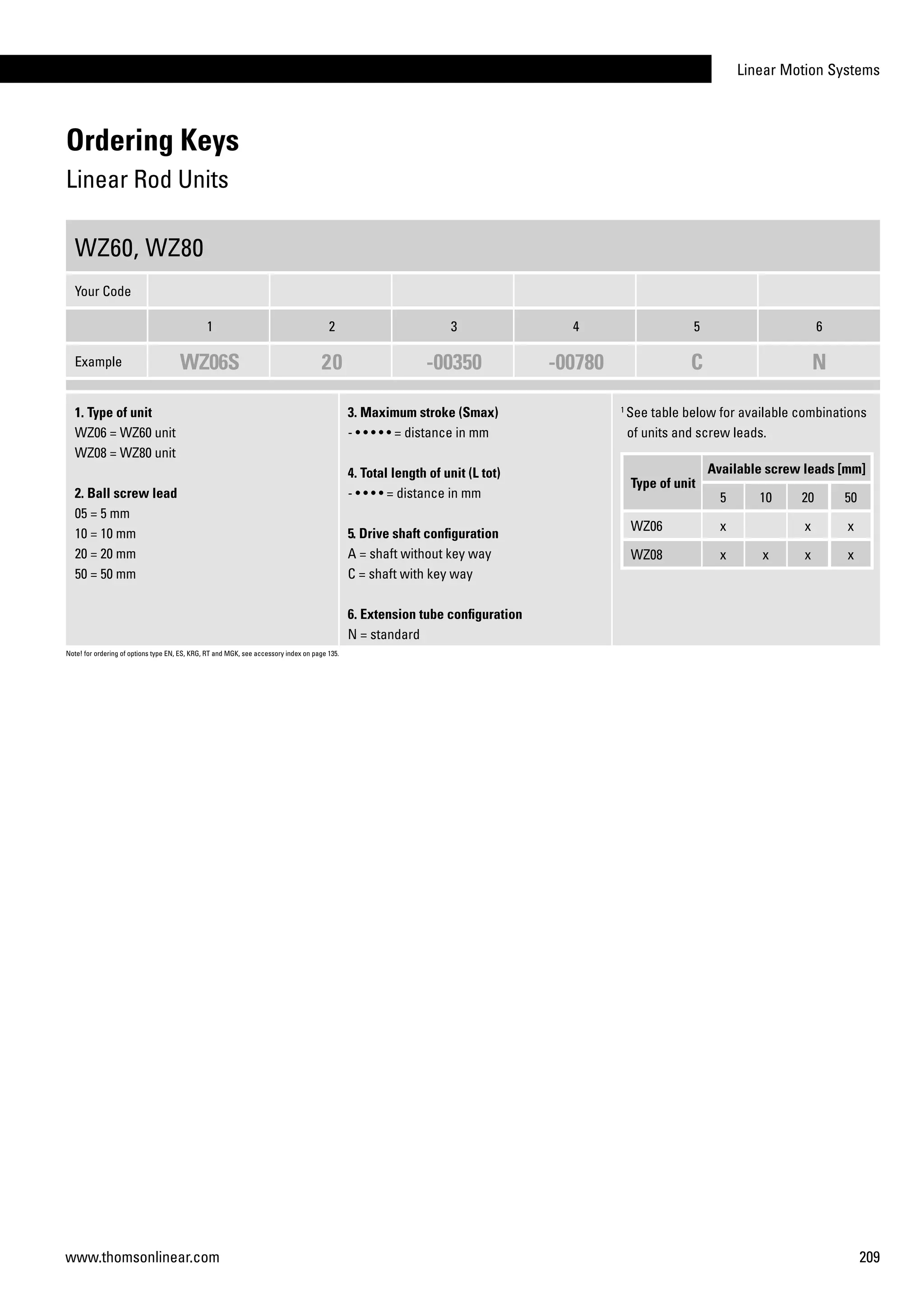 Linear Motion Systems
209www.thomsonlinear.com
Ordering Keys
Linear Rod Units
WZ60, WZ80
Your Code
1 2 3 4 5 6
Example WZ06S 20 -00350 -00780 C N
1. Type of unit
WZ06 = WZ60 unit
WZ08 = WZ80 unit
2. Ball screw lead
05 = 5 mm
10 = 10 mm
20 = 20 mm
50 = 50 mm
3. Maximum stroke (Smax)
- • • • • • = distance in mm
4. Total length of unit (L tot)
- • • • • = distance in mm
5. Drive shaft configuration
A = shaft without key way
C = shaft with key way
6. Extension tube configuration
N = standard
1
See table below for available combinations
of units and screw leads.
Note! for ordering of options type EN, ES, KRG, RT and MGK, see accessory index on page 135.
Type of unit
Available screw leads [mm]
5 10 20 50
WZ06 x x x
WZ08 x x x x
 