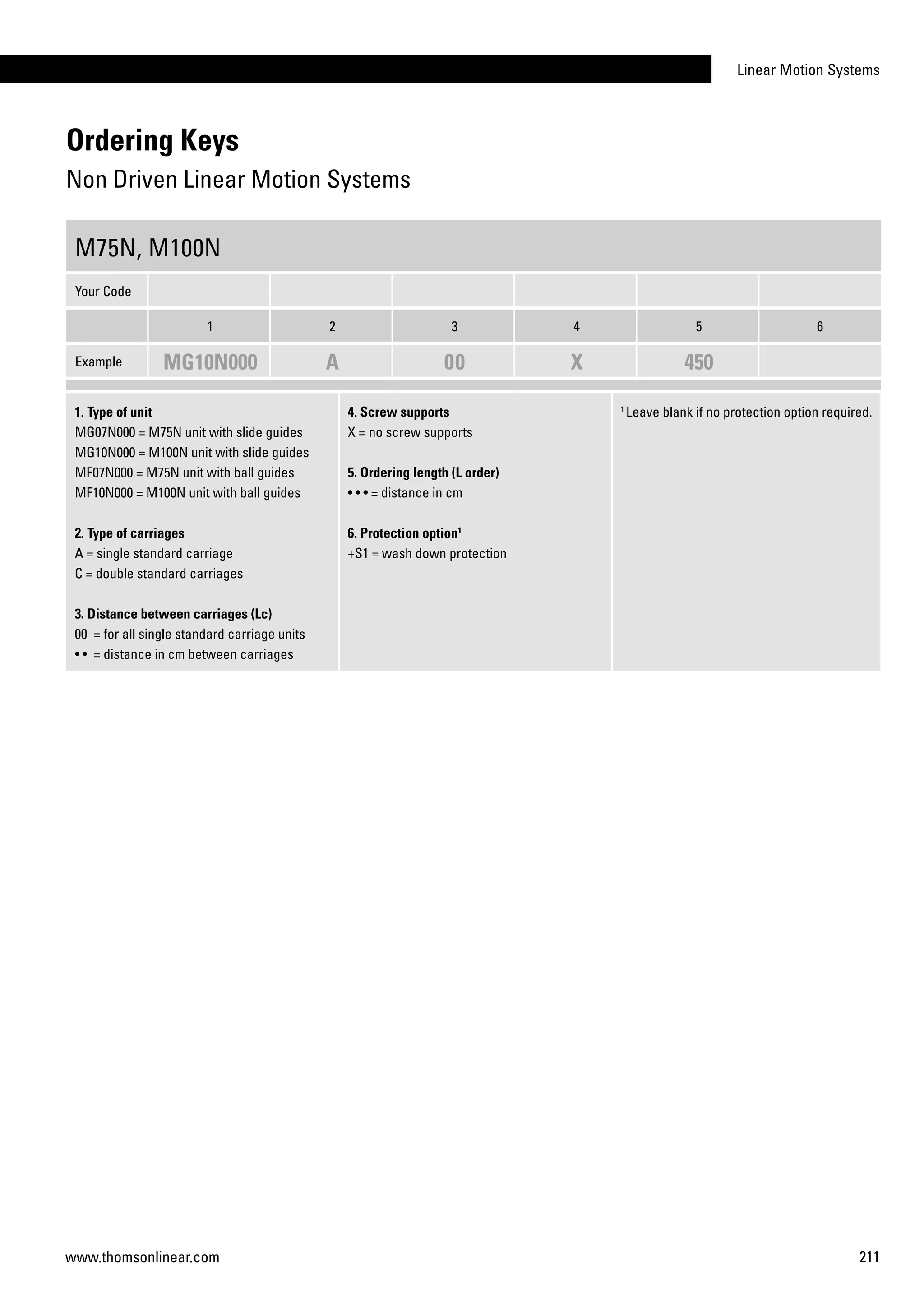 Linear Motion Systems
211www.thomsonlinear.com
Ordering Keys
Non Driven Linear Motion Systems
M75N, M100N
Your Code
1 2 3 4 5 6
Example MG10N000 A 00 X 450
1. Type of unit
MG07N000 = M75N unit with slide guides
MG10N000 = M100N unit with slide guides
MF07N000 = M75N unit with ball guides
MF10N000 = M100N unit with ball guides
2. Type of carriages
A = single standard carriage
C = double standard carriages
3. Distance between carriages (Lc)
00 = for all single standard carriage units
• • = distance in cm between carriages
4. Screw supports
X = no screw supports
5. Ordering length (L order)
• • • = distance in cm
6. Protection option1
+S1 = wash down protection
1
Leave blank if no protection option required.
 