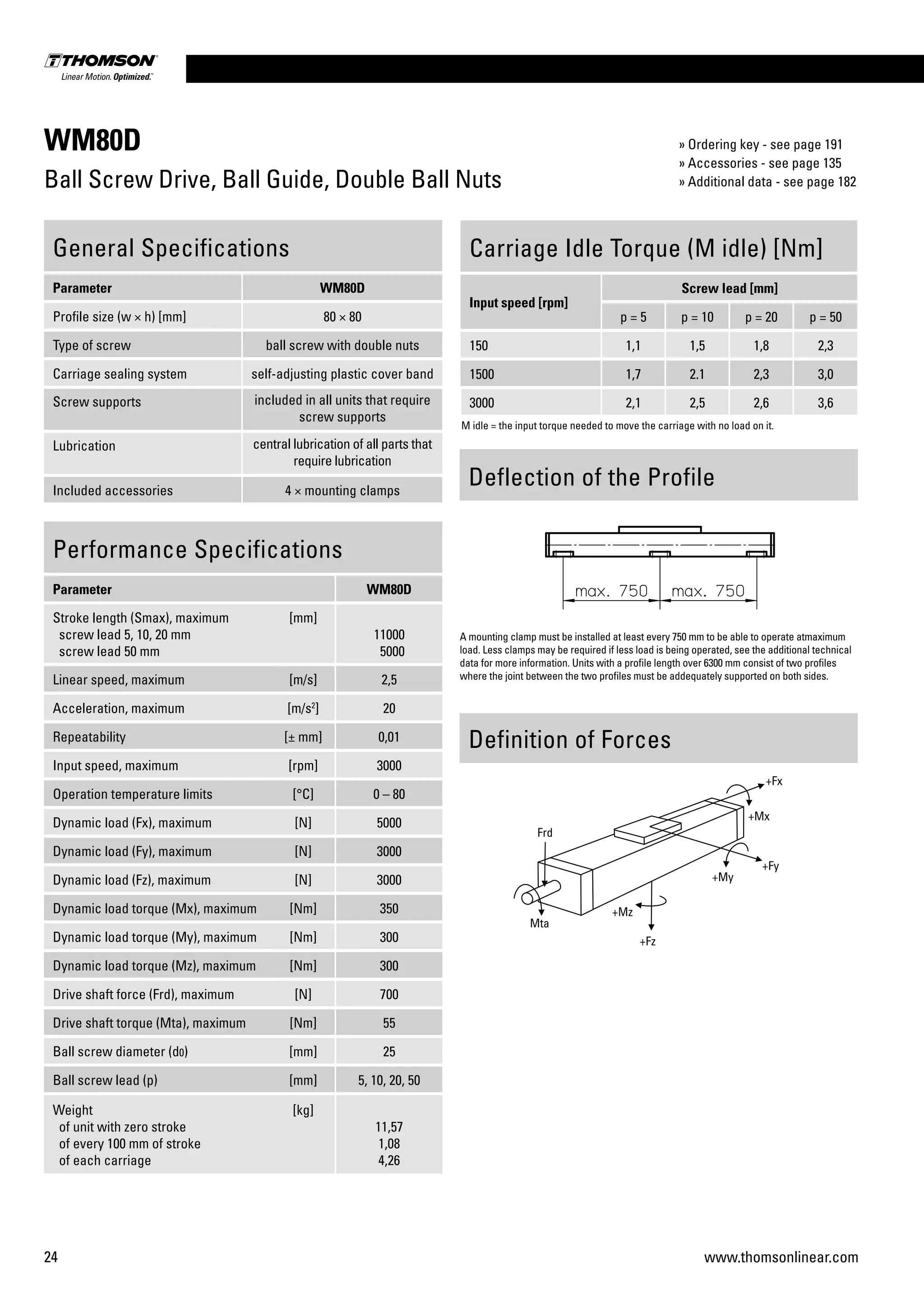 24 www.thomsonlinear.com
WM80D
Ball Screw Drive, Ball Guide, Double Ball Nuts
Performance Specifications
Parameter WM80D
Stroke length (Smax), maximum
screw lead 5, 10, 20 mm
screw lead 50 mm
[mm]
11000
5000
Linear speed, maximum [m/s] 2,5
Acceleration, maximum [m/s2
] 20
Repeatability [± mm] 0,01
Input speed, maximum [rpm] 3000
Operation temperature limits [°C] 0 – 80
Dynamic load (Fx), maximum [N] 5000
Dynamic load (Fy), maximum [N] 3000
Dynamic load (Fz), maximum [N] 3000
Dynamic load torque (Mx), maximum [Nm] 350
Dynamic load torque (My), maximum [Nm] 300
Dynamic load torque (Mz), maximum [Nm] 300
Drive shaft force (Frd), maximum [N] 700
Drive shaft torque (Mta), maximum [Nm] 55
Ball screw diameter (d0) [mm] 25
Ball screw lead (p) [mm] 5, 10, 20, 50
Weight
of unit with zero stroke
of every 100 mm of stroke
of each carriage
[kg]
11,57
1,08
4,26
General Specifications
Parameter WM80D
Profile size (w × h) [mm] 80 × 80
Type of screw ball screw with double nuts
Carriage sealing system self-adjusting plastic cover band
Screw supports included in all units that require
screw supports
Lubrication central lubrication of all parts that
require lubrication
Included accessories 4 × mounting clamps
Carriage Idle Torque (M idle) [Nm]
Input speed [rpm]
Screw lead [mm]
p = 5 p = 10 p = 20 p = 50
150 1,1 1,5 1,8 2,3
1500 1,7 2.1 2,3 3,0
3000 2,1 2,5 2,6 3,6
M idle = the input torque needed to move the carriage with no load on it.
Definition of Forces
Deflection of the Profile
A mounting clamp must be installed at least every 750 mm to be able to operate atmaximum
load. Less clamps may be required if less load is being operated, see the additional technical
data for more information. Units with a profile length over 6300 mm consist of two profiles
where the joint between the two profiles must be addequately supported on both sides.
» Ordering key - see page 191
» Accessories - see page 135
» Additional data - see page 182
 