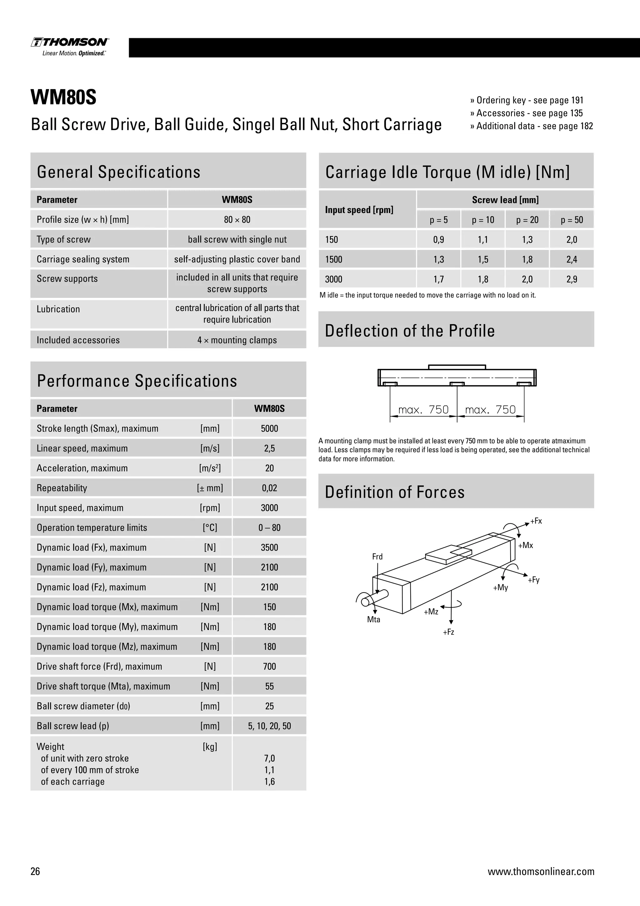 26 www.thomsonlinear.com
WM80S
Ball Screw Drive, Ball Guide, Singel Ball Nut, Short Carriage
Performance Specifications
Parameter WM80S
Stroke length (Smax), maximum [mm] 5000
Linear speed, maximum [m/s] 2,5
Acceleration, maximum [m/s2
] 20
Repeatability [± mm] 0,02
Input speed, maximum [rpm] 3000
Operation temperature limits [°C] 0 – 80
Dynamic load (Fx), maximum [N] 3500
Dynamic load (Fy), maximum [N] 2100
Dynamic load (Fz), maximum [N] 2100
Dynamic load torque (Mx), maximum [Nm] 150
Dynamic load torque (My), maximum [Nm] 180
Dynamic load torque (Mz), maximum [Nm] 180
Drive shaft force (Frd), maximum [N] 700
Drive shaft torque (Mta), maximum [Nm] 55
Ball screw diameter (d0) [mm] 25
Ball screw lead (p) [mm] 5, 10, 20, 50
Weight
of unit with zero stroke
of every 100 mm of stroke
of each carriage
[kg]
7,0
1,1
1,6
General Specifications
Parameter WM80S
Profile size (w × h) [mm] 80 × 80
Type of screw ball screw with single nut
Carriage sealing system self-adjusting plastic cover band
Screw supports included in all units that require
screw supports
Lubrication central lubrication of all parts that
require lubrication
Included accessories 4 × mounting clamps
Carriage Idle Torque (M idle) [Nm]
Input speed [rpm]
Screw lead [mm]
p = 5 p = 10 p = 20 p = 50
150 0,9 1,1 1,3 2,0
1500 1,3 1,5 1,8 2,4
3000 1,7 1,8 2,0 2,9
M idle = the input torque needed to move the carriage with no load on it.
Definition of Forces
Deflection of the Profile
A mounting clamp must be installed at least every 750 mm to be able to operate atmaximum
load. Less clamps may be required if less load is being operated, see the additional technical
data for more information.
» Ordering key - see page 191
» Accessories - see page 135
» Additional data - see page 182
 