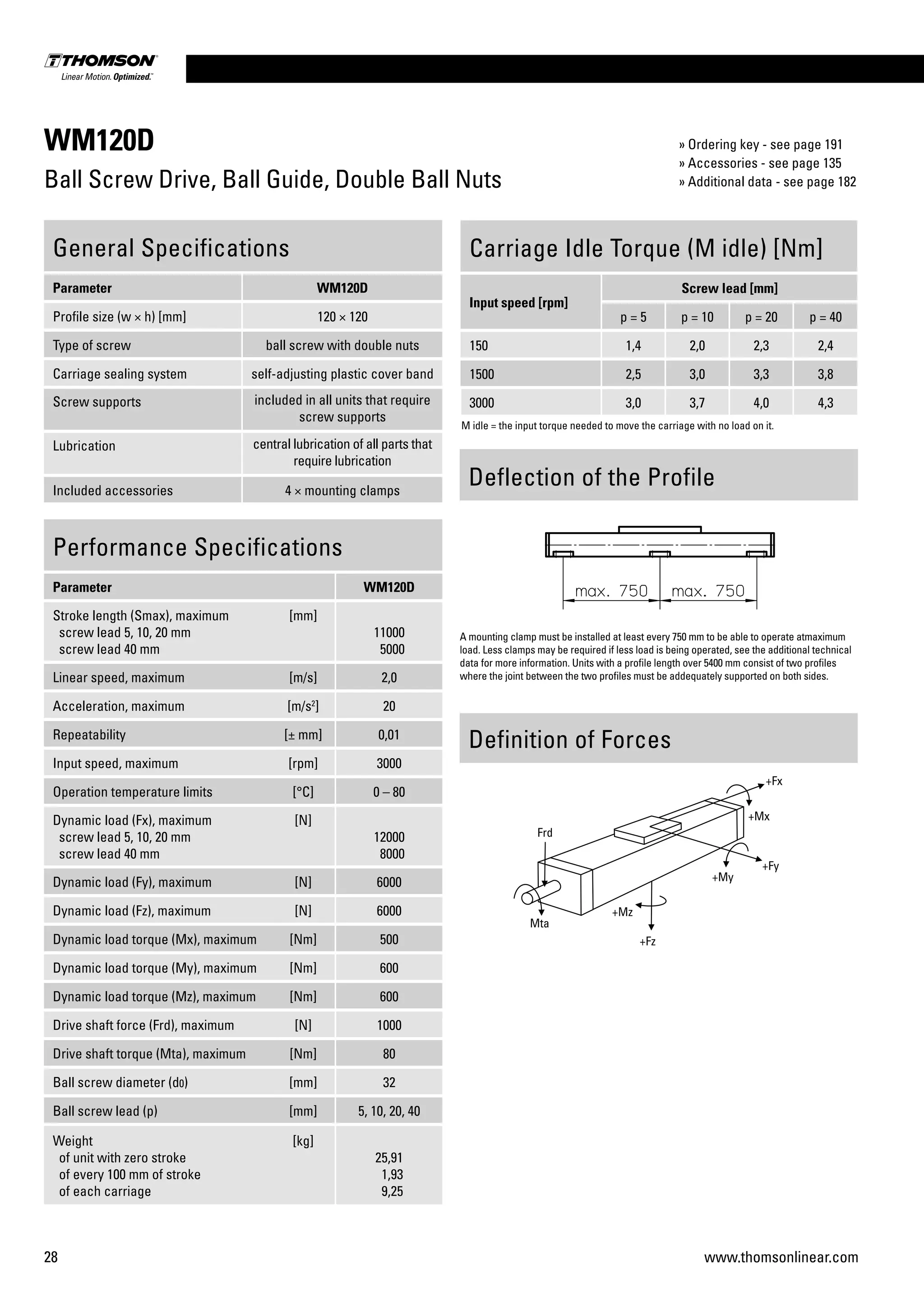 28 www.thomsonlinear.com
WM120D
Ball Screw Drive, Ball Guide, Double Ball Nuts
Performance Specifications
Parameter WM120D
Stroke length (Smax), maximum
screw lead 5, 10, 20 mm
screw lead 40 mm
[mm]
11000
5000
Linear speed, maximum [m/s] 2,0
Acceleration, maximum [m/s2
] 20
Repeatability [± mm] 0,01
Input speed, maximum [rpm] 3000
Operation temperature limits [°C] 0 – 80
Dynamic load (Fx), maximum
screw lead 5, 10, 20 mm
screw lead 40 mm
[N]
12000
8000
Dynamic load (Fy), maximum [N] 6000
Dynamic load (Fz), maximum [N] 6000
Dynamic load torque (Mx), maximum [Nm] 500
Dynamic load torque (My), maximum [Nm] 600
Dynamic load torque (Mz), maximum [Nm] 600
Drive shaft force (Frd), maximum [N] 1000
Drive shaft torque (Mta), maximum [Nm] 80
Ball screw diameter (d0) [mm] 32
Ball screw lead (p) [mm] 5, 10, 20, 40
Weight
of unit with zero stroke
of every 100 mm of stroke
of each carriage
[kg]
25,91
1,93
9,25
General Specifications
Parameter WM120D
Profile size (w × h) [mm] 120 × 120
Type of screw ball screw with double nuts
Carriage sealing system self-adjusting plastic cover band
Screw supports included in all units that require
screw supports
Lubrication central lubrication of all parts that
require lubrication
Included accessories 4 × mounting clamps
Carriage Idle Torque (M idle) [Nm]
Input speed [rpm]
Screw lead [mm]
p = 5 p = 10 p = 20 p = 40
150 1,4 2,0 2,3 2,4
1500 2,5 3,0 3,3 3,8
3000 3,0 3,7 4,0 4,3
M idle = the input torque needed to move the carriage with no load on it.
Definition of Forces
Deflection of the Profile
A mounting clamp must be installed at least every 750 mm to be able to operate atmaximum
load. Less clamps may be required if less load is being operated, see the additional technical
data for more information. Units with a profile length over 5400 mm consist of two profiles
where the joint between the two profiles must be addequately supported on both sides.
» Ordering key - see page 191
» Accessories - see page 135
» Additional data - see page 182
 