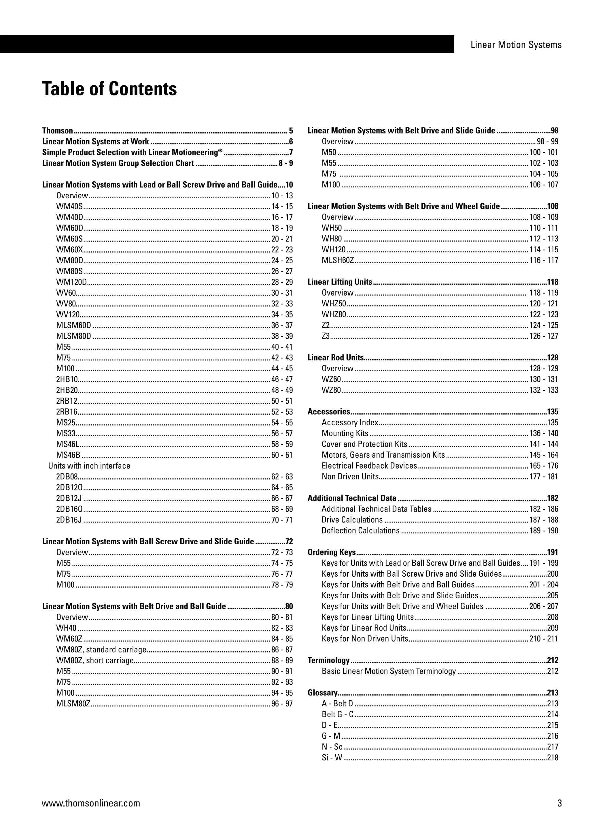 Linear Motion Systems
3www.thomsonlinear.com
Table of Contents
Thomson................................................................................................................... 5
Linear Motion Systems at Work...........................................................................6
Simple Product Selection with Linear Motioneering®
....................................7
Linear Motion System Group Selection Chart.............................................8 - 9
Linear Motion Systems with Lead or Ball Screw Drive and Ball Guide.....10
Overview..................................................................................................10 - 13
WM40S.....................................................................................................14 - 15
WM40D....................................................................................................16 - 17
WM60D....................................................................................................18 - 19
WM60S.....................................................................................................20 - 21
WM60X.....................................................................................................22 - 23
WM80D....................................................................................................24 - 25
WM80S.....................................................................................................26 - 27
WM120D..................................................................................................28 - 29
WV60........................................................................................................30 - 31
WV80........................................................................................................32 - 33
WV120......................................................................................................34 - 35
MLSM60D................................................................................................36 - 37
MLSM80D................................................................................................38 - 39
M55...........................................................................................................40 - 41
M75...........................................................................................................42 - 43
M100.........................................................................................................44 - 45
2HB10.......................................................................................................46 - 47
2HB20.......................................................................................................48 - 49
2RB12........................................................................................................50 - 51
2RB16........................................................................................................52 - 53
MS25.........................................................................................................54 - 55
MS33.........................................................................................................56 - 57
MS46L.......................................................................................................58 - 59
MS46B......................................................................................................60 - 61
Units with inch interface
2DB08.......................................................................................................62 - 63
2DB12O.....................................................................................................64 - 65
2DB12J.....................................................................................................66 - 67
2DB16O.....................................................................................................68 - 69
2DB16J.....................................................................................................70 - 71
Linear Motion Systems with Ball Screw Drive and Slide Guide.................72
Overview..................................................................................................72 - 73
M55...........................................................................................................74 - 75
M75...........................................................................................................76 - 77
M100.........................................................................................................78 - 79
Linear Motion Systems with Belt Drive and Ball Guide................................80
Overview..................................................................................................80 - 81
WH40........................................................................................................82 - 83
WM60Z.....................................................................................................84 - 85
WM80Z, standard carriage...................................................................86 - 87
WM80Z, short carriage.........................................................................88 - 89
M55...........................................................................................................90 - 91
M75...........................................................................................................92 - 93
M100.........................................................................................................94 - 95
MLSM80Z.................................................................................................96 - 97
Linear Motion Systems with Belt Drive and Slide Guide..............................98
Overview..................................................................................................98 - 99
M50.......................................................................................................100 - 101
M55.......................................................................................................102 - 103
M75 ......................................................................................................104 - 105
M100.....................................................................................................106 - 107
Linear Motion Systems with Belt Drive and Wheel Guide..........................108
Overview..............................................................................................108 - 109
WH50....................................................................................................110 - 111
WH80....................................................................................................112 - 113
WH120..................................................................................................114 - 115
MLSH60Z..............................................................................................116 - 117
Linear Lifting Units..............................................................................................118
Overview............................................................................................. 118 - 119
WHZ50..................................................................................................120 - 121
WHZ80..................................................................................................122 - 123
Z2...........................................................................................................124 - 125
Z3...........................................................................................................126 - 127
Linear Rod Units..................................................................................................128
Overview..............................................................................................128 - 129
WZ60.....................................................................................................130 - 131
WZ80.....................................................................................................132 - 133
Accessories..........................................................................................................135
Accessory Index...........................................................................................135
Mounting Kits......................................................................................136 - 140
Cover and Protection Kits.................................................................141 - 144
Motors, Gears and Transmission Kits.............................................145 - 164
Electrical Feedback Devices............................................................165 - 176
Non Driven Units................................................................................177 - 181
Additional Technical Data.................................................................................182
Additional Technical Data Tables....................................................182 - 186
Drive Calculations..............................................................................187 - 188
Deflection Calculations.....................................................................189 - 190
Ordering Keys.......................................................................................................191
Keys for Units with Lead or Ball Screw Drive and Ball Guides.....191 - 199
Keys for Units with Ball Screw Drive and Slide Guides.........................200
Keys for Units with Belt Drive and Ball Guides.............................201 - 204
Keys for Units with Belt Drive and Slide Guides.....................................205
Keys for Units with Belt Drive and Wheel Guides........................206 - 207
Keys for Linear Lifting Units........................................................................208
Keys for Linear Rod Units............................................................................209
Keys for Non Driven Units.................................................................210 - 211
Terminology..........................................................................................................212
Basic Linear Motion System Terminology.................................................212
Glossary................................................................................................................213
A - Belt D........................................................................................................213
Belt G - C........................................................................................................214
D - E................................................................................................................215
G - M...............................................................................................................216
N - Sc..............................................................................................................217
Si - W..............................................................................................................218
 