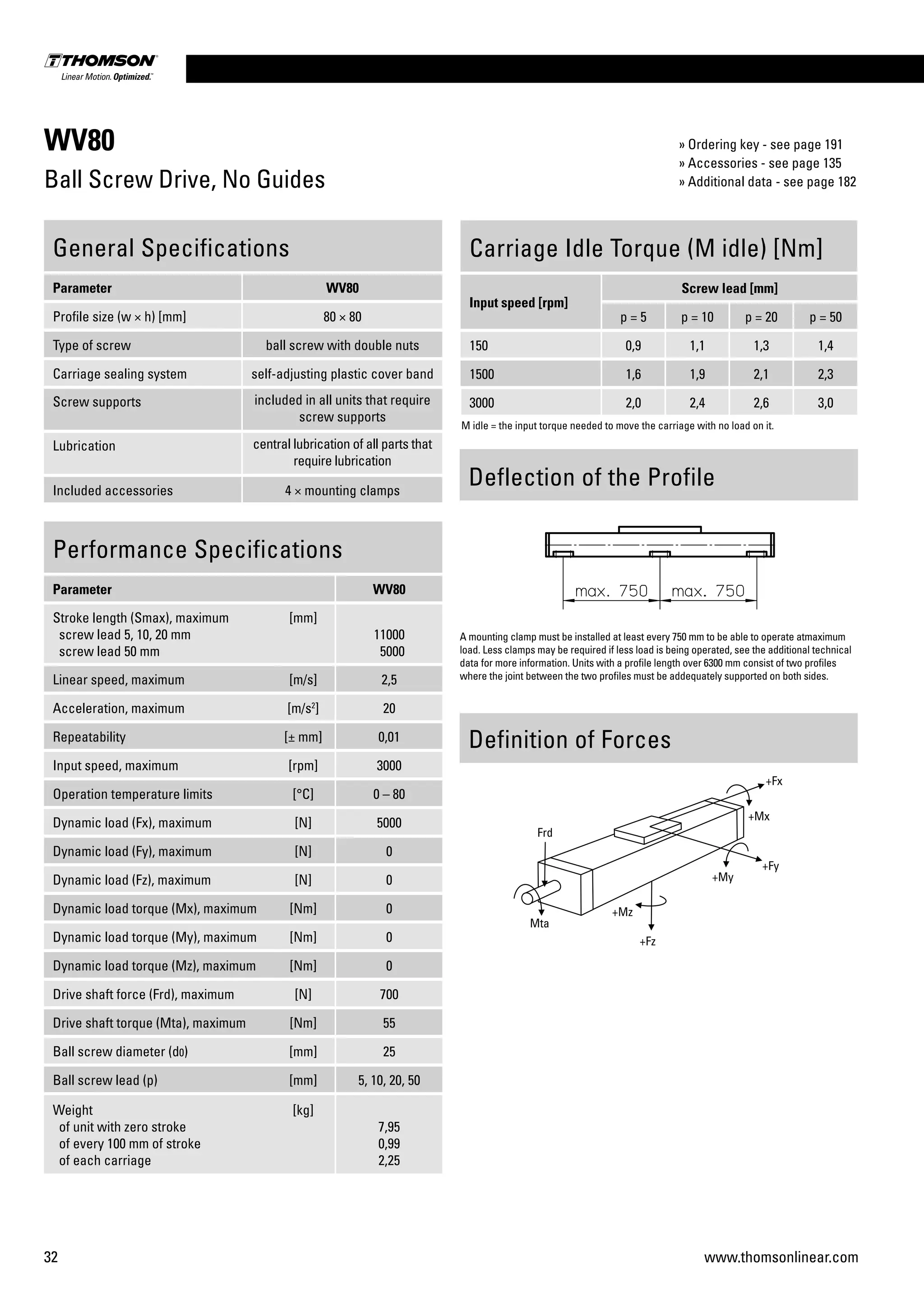 32 www.thomsonlinear.com
WV80
Ball Screw Drive, No Guides
Performance Specifications
Parameter WV80
Stroke length (Smax), maximum
screw lead 5, 10, 20 mm
screw lead 50 mm
[mm]
11000
5000
Linear speed, maximum [m/s] 2,5
Acceleration, maximum [m/s2
] 20
Repeatability [± mm] 0,01
Input speed, maximum [rpm] 3000
Operation temperature limits [°C] 0 – 80
Dynamic load (Fx), maximum [N] 5000
Dynamic load (Fy), maximum [N] 0
Dynamic load (Fz), maximum [N] 0
Dynamic load torque (Mx), maximum [Nm] 0
Dynamic load torque (My), maximum [Nm] 0
Dynamic load torque (Mz), maximum [Nm] 0
Drive shaft force (Frd), maximum [N] 700
Drive shaft torque (Mta), maximum [Nm] 55
Ball screw diameter (d0) [mm] 25
Ball screw lead (p) [mm] 5, 10, 20, 50
Weight
of unit with zero stroke
of every 100 mm of stroke
of each carriage
[kg]
7,95
0,99
2,25
General Specifications
Parameter WV80
Profile size (w × h) [mm] 80 × 80
Type of screw ball screw with double nuts
Carriage sealing system self-adjusting plastic cover band
Screw supports included in all units that require
screw supports
Lubrication central lubrication of all parts that
require lubrication
Included accessories 4 × mounting clamps
Carriage Idle Torque (M idle) [Nm]
Input speed [rpm]
Screw lead [mm]
p = 5 p = 10 p = 20 p = 50
150 0,9 1,1 1,3 1,4
1500 1,6 1,9 2,1 2,3
3000 2,0 2,4 2,6 3,0
M idle = the input torque needed to move the carriage with no load on it.
Definition of Forces
Deflection of the Profile
A mounting clamp must be installed at least every 750 mm to be able to operate atmaximum
load. Less clamps may be required if less load is being operated, see the additional technical
data for more information. Units with a profile length over 6300 mm consist of two profiles
where the joint between the two profiles must be addequately supported on both sides.
» Ordering key - see page 191
» Accessories - see page 135
» Additional data - see page 182
 
