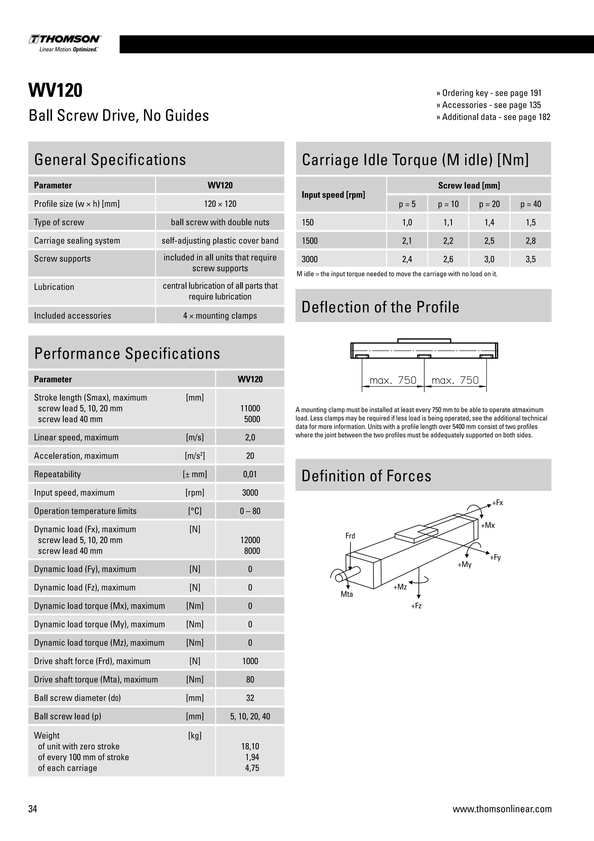 34 www.thomsonlinear.com
WV120
Ball Screw Drive, No Guides
Performance Specifications
Parameter WV120
Stroke length (Smax), maximum
screw lead 5, 10, 20 mm
screw lead 40 mm
[mm]
11000
5000
Linear speed, maximum [m/s] 2,0
Acceleration, maximum [m/s2
] 20
Repeatability [± mm] 0,01
Input speed, maximum [rpm] 3000
Operation temperature limits [°C] 0 – 80
Dynamic load (Fx), maximum
screw lead 5, 10, 20 mm
screw lead 40 mm
[N]
12000
8000
Dynamic load (Fy), maximum [N] 0
Dynamic load (Fz), maximum [N] 0
Dynamic load torque (Mx), maximum [Nm] 0
Dynamic load torque (My), maximum [Nm] 0
Dynamic load torque (Mz), maximum [Nm] 0
Drive shaft force (Frd), maximum [N] 1000
Drive shaft torque (Mta), maximum [Nm] 80
Ball screw diameter (d0) [mm] 32
Ball screw lead (p) [mm] 5, 10, 20, 40
Weight
of unit with zero stroke
of every 100 mm of stroke
of each carriage
[kg]
18,10
1,94
4,75
General Specifications
Parameter WV120
Profile size (w × h) [mm] 120 × 120
Type of screw ball screw with double nuts
Carriage sealing system self-adjusting plastic cover band
Screw supports included in all units that require
screw supports
Lubrication central lubrication of all parts that
require lubrication
Included accessories 4 × mounting clamps
Carriage Idle Torque (M idle) [Nm]
Input speed [rpm]
Screw lead [mm]
p = 5 p = 10 p = 20 p = 40
150 1,0 1,1 1,4 1,5
1500 2,1 2,2 2,5 2,8
3000 2,4 2,6 3,0 3,5
M idle = the input torque needed to move the carriage with no load on it.
Definition of Forces
Deflection of the Profile
A mounting clamp must be installed at least every 750 mm to be able to operate atmaximum
load. Less clamps may be required if less load is being operated, see the additional technical
data for more information. Units with a profile length over 5400 mm consist of two profiles
where the joint between the two profiles must be addequately supported on both sides.
» Ordering key - see page 191
» Accessories - see page 135
» Additional data - see page 182
 