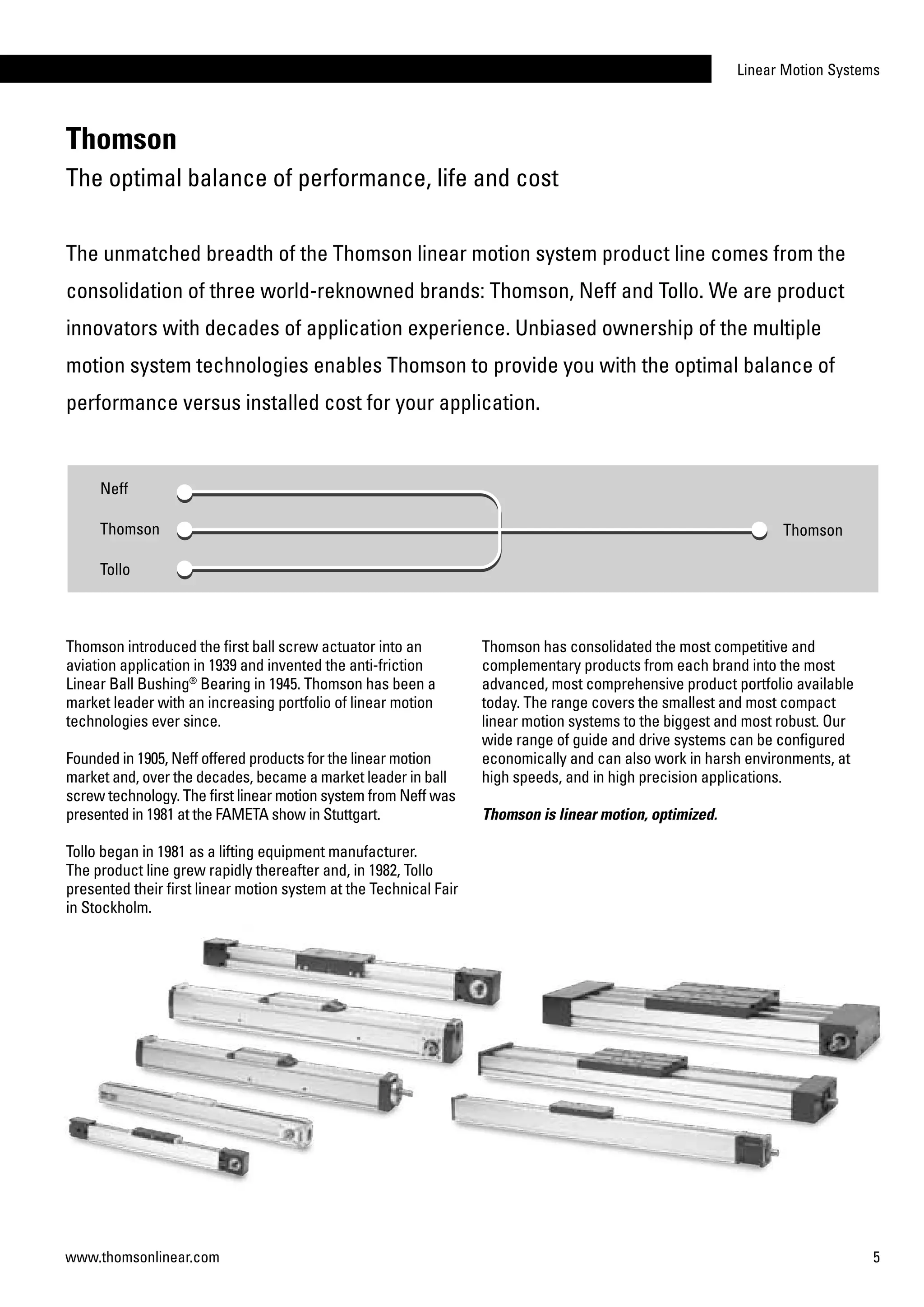 Linear Motion Systems
5www.thomsonlinear.com
Thomson
The optimal balance of performance, life and cost
The unmatched breadth of the Thomson linear motion system product line comes from the
consolidation of three world-reknowned brands: Thomson, Neff and Tollo. We are product
innovators with decades of application experience. Unbiased ownership of the multiple
motion system technologies enables Thomson to provide you with the optimal balance of
performance versus installed cost for your application.
Neff
Thomson
Tollo
Thomson
Thomson introduced the first ball screw actuator into an
aviation application in 1939 and invented the anti-friction
Linear Ball Bushing®
Bearing in 1945. Thomson has been a
market leader with an increasing portfolio of linear motion
technologies ever since.
Founded in 1905, Neff offered products for the linear motion
market and, over the decades, became a market leader in ball
screw technology. The first linear motion system from Neff was
presented in 1981 at the FAMETA show in Stuttgart.
Tollo began in 1981 as a lifting equipment manufacturer.
The product line grew rapidly thereafter and, in 1982, Tollo
presented their first linear motion system at the Technical Fair
in Stockholm.
Thomson has consolidated the most competitive and
complementary products from each brand into the most
advanced, most comprehensive product portfolio available
today. The range covers the smallest and most compact
linear motion systems to the biggest and most robust. Our
wide range of guide and drive systems can be configured
economically and can also work in harsh environments, at
high speeds, and in high precision applications.
Thomson is linear motion, optimized.
 