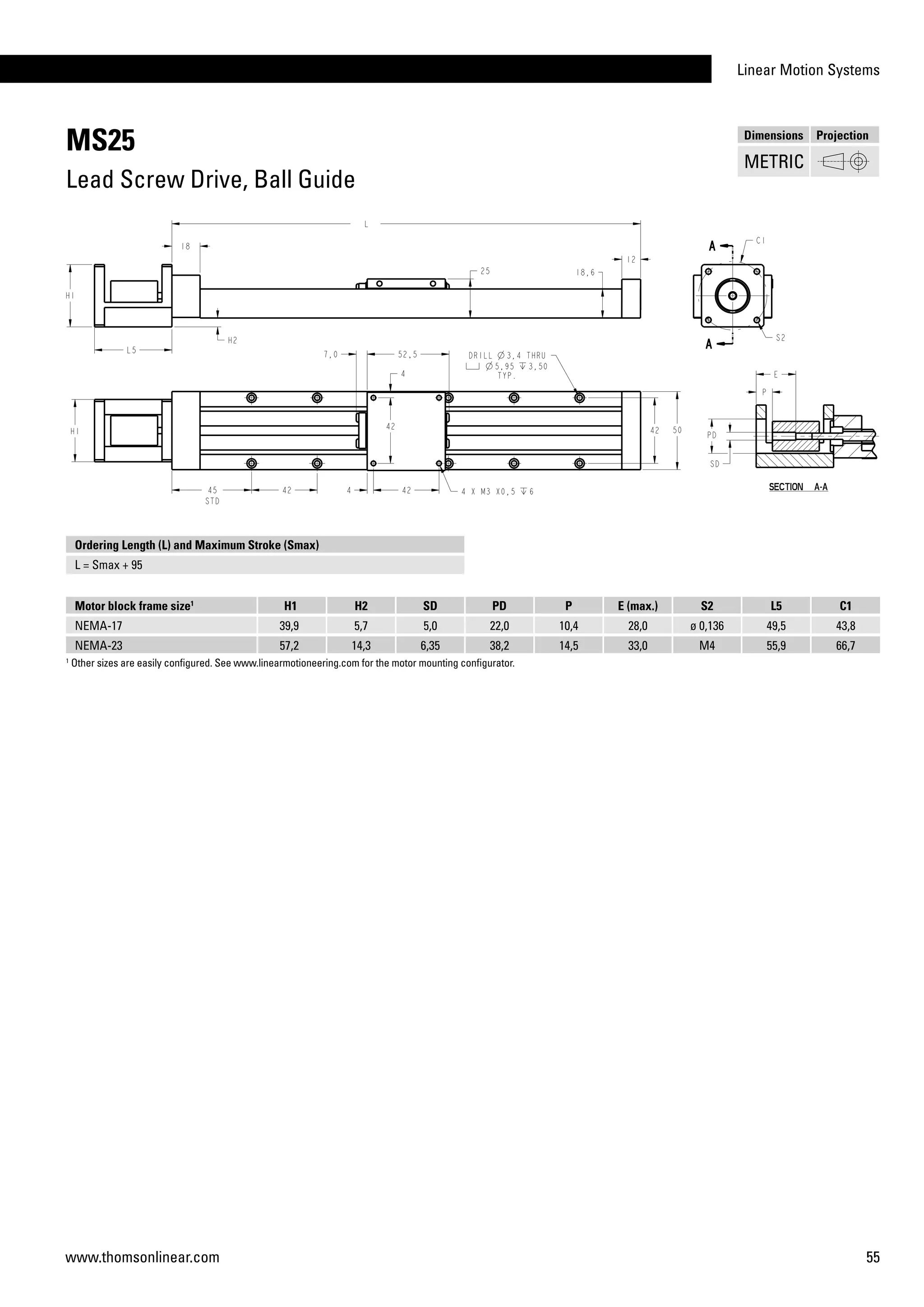 Linear Motion Systems
55www.thomsonlinear.com
MS25
Lead Screw Drive, Ball Guide
Motor block frame size1
H1 H2 SD PD P E (max.) S2 L5 C1
NEMA-17 39,9 5,7 5,0 22,0 10,4 28,0 ø 0,136 49,5 43,8
NEMA-23 57,2 14,3 6,35 38,2 14,5 33,0 M4 55,9 66,7
1
Other sizes are easily configured. See www.linearmotioneering.com for the motor mounting configurator.
Ordering Length (L) and Maximum Stroke (Smax)
L = Smax + 95
Dimensions Projection
METRIC
 
