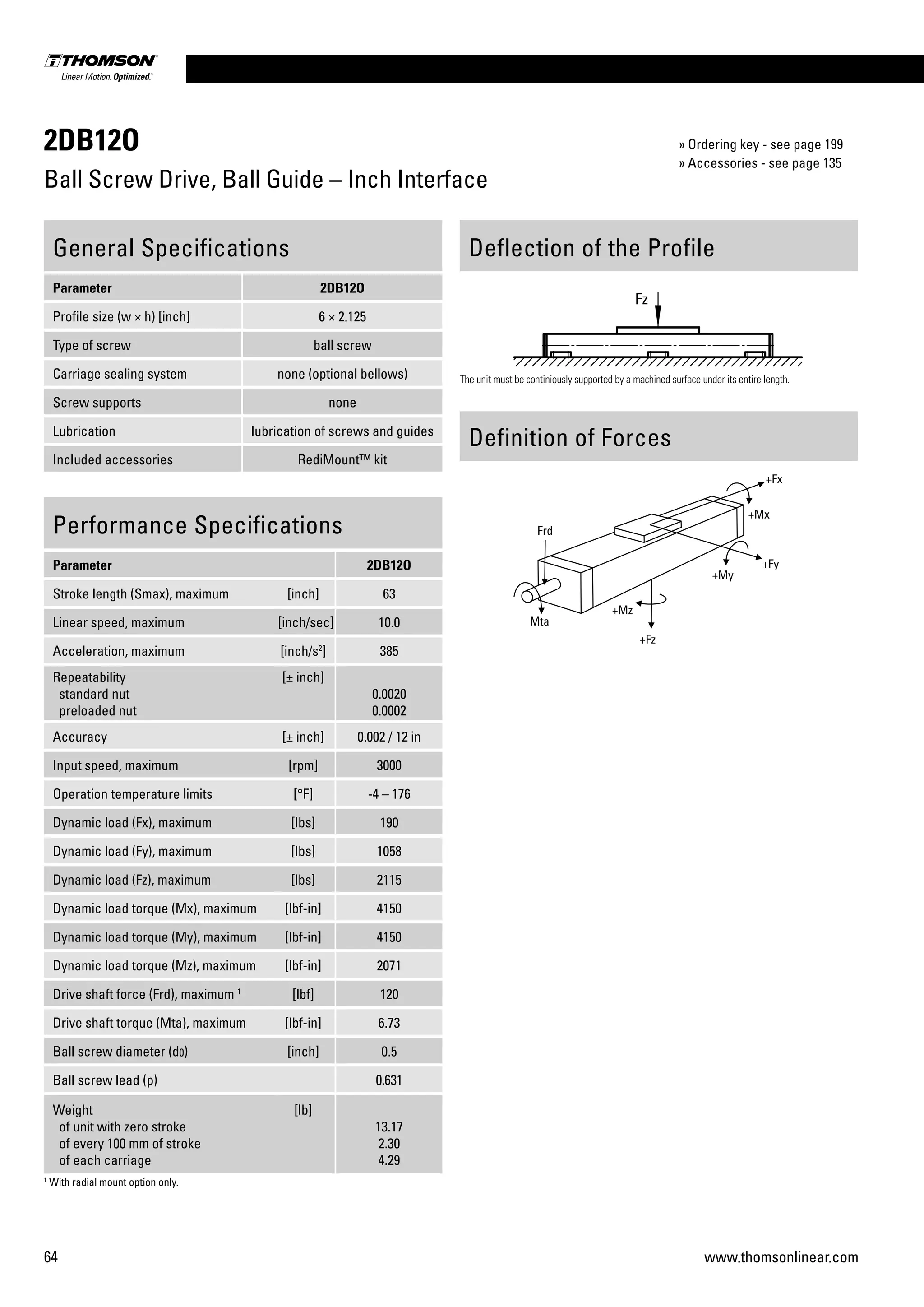 64 www.thomsonlinear.com
2DB12O
Ball Screw Drive, Ball Guide – Inch Interface
Performance Specifications
Parameter 2DB12O
Stroke length (Smax), maximum [inch] 63
Linear speed, maximum [inch/sec] 10.0
Acceleration, maximum [inch/s2
] 385
Repeatability
standard nut
preloaded nut
[± inch]
0.0020
0.0002
Accuracy [± inch] 0.002 / 12 in
Input speed, maximum [rpm] 3000
Operation temperature limits [°F] -4 – 176
Dynamic load (Fx), maximum [lbs] 190
Dynamic load (Fy), maximum [lbs] 1058
Dynamic load (Fz), maximum [lbs] 2115
Dynamic load torque (Mx), maximum [lbf-in] 4150
Dynamic load torque (My), maximum [lbf-in] 4150
Dynamic load torque (Mz), maximum [lbf-in] 2071
Drive shaft force (Frd), maximum 1
[lbf] 120
Drive shaft torque (Mta), maximum [lbf-in] 6.73
Ball screw diameter (d0) [inch] 0.5
Ball screw lead (p) 0.631
Weight
of unit with zero stroke
of every 100 mm of stroke
of each carriage
[lb]
13.17
2.30
4.29
General Specifications
Parameter 2DB12O
Profile size (w × h) [inch] 6 × 2.125
Type of screw ball screw
Carriage sealing system none (optional bellows)
Screw supports none
Lubrication lubrication of screws and guides
Included accessories RediMount™ kit
Deflection of the Profile
Definition of Forces
The unit must be continiously supported by a machined surface under its entire length.
Fz
1
With radial mount option only.
» Ordering key - see page 199
» Accessories - see page 135
 