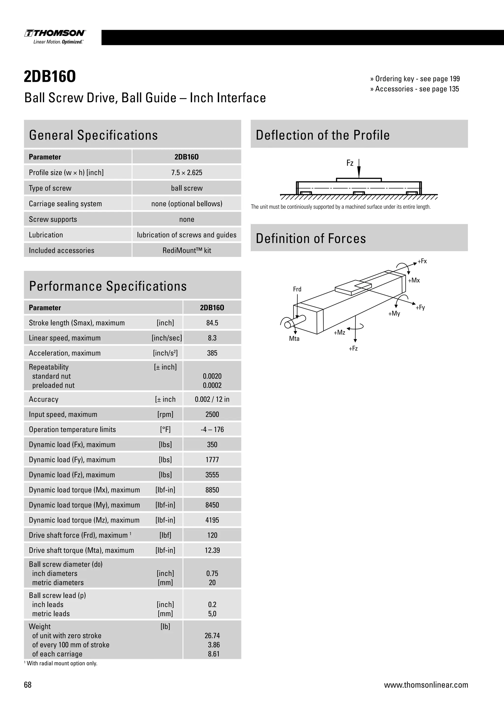 68 www.thomsonlinear.com
2DB16O
Ball Screw Drive, Ball Guide – Inch Interface
Performance Specifications
Parameter 2DB16O
Stroke length (Smax), maximum [inch] 84.5
Linear speed, maximum [inch/sec] 8.3
Acceleration, maximum [inch/s2
] 385
Repeatability
standard nut
preloaded nut
[± inch]
0.0020
0.0002
Accuracy [± inch 0.002 / 12 in
Input speed, maximum [rpm] 2500
Operation temperature limits [°F] -4 – 176
Dynamic load (Fx), maximum [lbs] 350
Dynamic load (Fy), maximum [lbs] 1777
Dynamic load (Fz), maximum [lbs] 3555
Dynamic load torque (Mx), maximum [lbf-in] 8850
Dynamic load torque (My), maximum [lbf-in] 8450
Dynamic load torque (Mz), maximum [lbf-in] 4195
Drive shaft force (Frd), maximum 1
[lbf] 120
Drive shaft torque (Mta), maximum [lbf-in] 12.39
Ball screw diameter (d0)
inch diameters
metric diameters
[inch]
[mm]
0.75
20
Ball screw lead (p)
inch leads
metric leads
[inch]
[mm]
0.2
5,0
Weight
of unit with zero stroke
of every 100 mm of stroke
of each carriage
[lb]
26.74
3.86
8.61
General Specifications
Parameter 2DB16O
Profile size (w × h) [inch] 7.5 × 2.625
Type of screw ball screw
Carriage sealing system none (optional bellows)
Screw supports none
Lubrication lubrication of screws and guides
Included accessories RediMount™ kit
Deflection of the Profile
Definition of Forces
The unit must be continiously supported by a machined surface under its entire length.
Fz
1
With radial mount option only.
» Ordering key - see page 199
» Accessories - see page 135
 