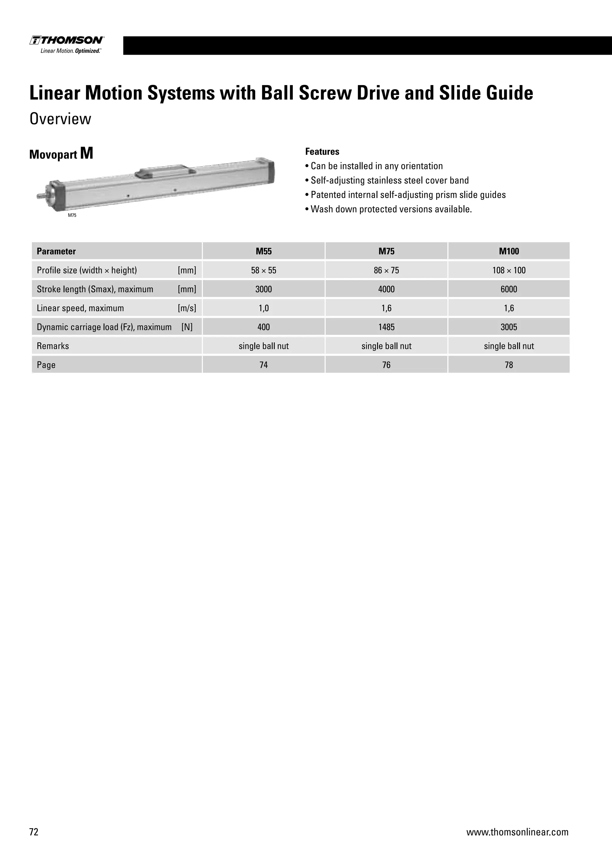72 www.thomsonlinear.com
Parameter M55 M75 M100
Profile size (width × height) [mm] 58 × 55 86 × 75 108 × 100
Stroke length (Smax), maximum [mm] 3000 4000 6000
Linear speed, maximum [m/s] 1,0 1,6 1,6
Dynamic carriage load (Fz), maximum [N] 400 1485 3005
Remarks single ball nut single ball nut single ball nut
Page 74 76 78
Features
• Can be installed in any orientation
• Self-adjusting stainless steel cover band
• Patented internal self-adjusting prism slide guides
• Wash down protected versions available.
Movopart M
M75
Linear Motion Systems with Ball Screw Drive and Slide Guide
Overview
 