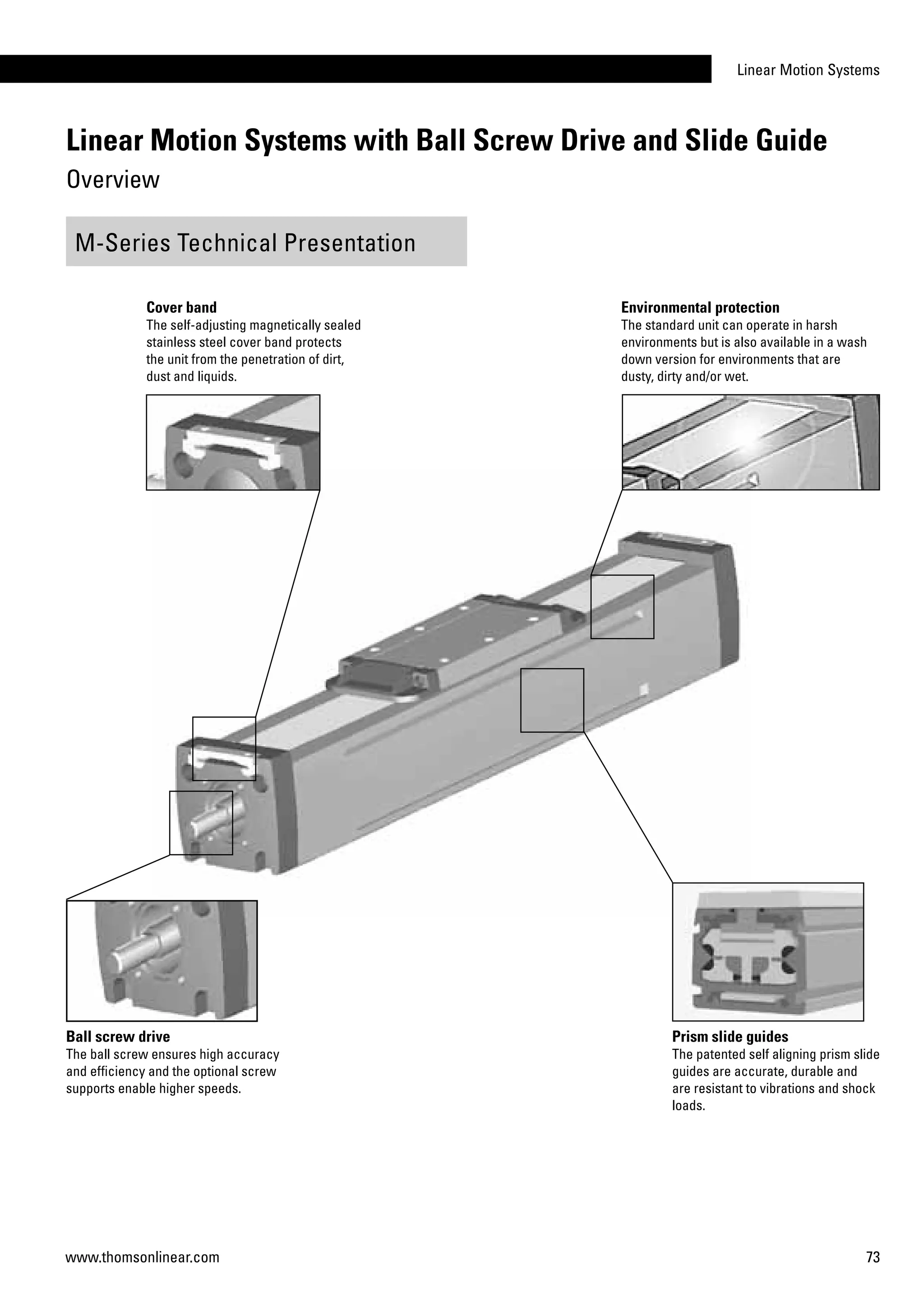 Linear Motion Systems
73www.thomsonlinear.com
Linear Motion Systems with Ball Screw Drive and Slide Guide
Overview
M-Series Technical Presentation
Cover band
The self-adjusting magnetically sealed
stainless steel cover band protects
the unit from the penetration of dirt,
dust and liquids.
Environmental protection
The standard unit can operate in harsh
environments but is also available in a wash
down version for environments that are
dusty, dirty and/or wet.
Ball screw drive
The ball screw ensures high accuracy
and efficiency and the optional screw
supports enable higher speeds.
Prism slide guides
The patented self aligning prism slide
guides are accurate, durable and
are resistant to vibrations and shock
loads.
 
