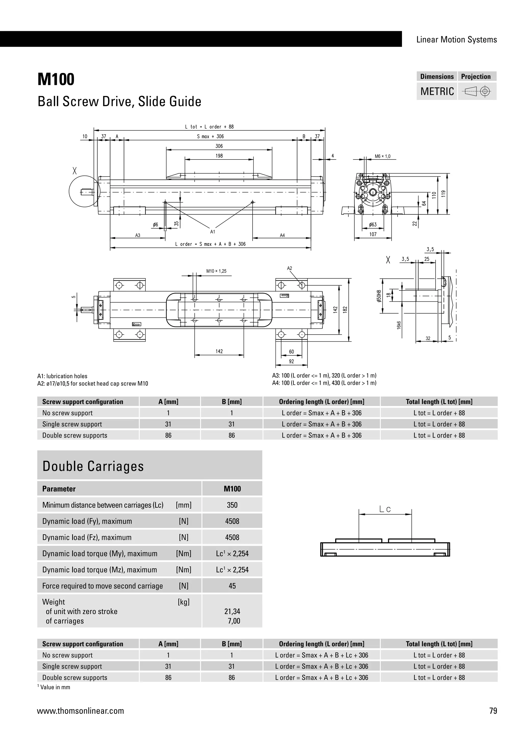 Linear Motion Systems
79www.thomsonlinear.com
M100
Ball Screw Drive, Slide Guide
Screw support configuration A [mm] B [mm] Ordering length (L order) [mm] Total length (L tot) [mm]
No screw support 1 1 L order = Smax + A + B + 306 L tot = L order + 88
Single screw support 31 31 L order = Smax + A + B + 306 L tot = L order + 88
Double screw supports 86 86 L order = Smax + A + B + 306 L tot = L order + 88
Double Carriages
Parameter M100
Minimumdistancebetweencarriages(Lc) [mm] 350
Dynamic load (Fy), maximum [N] 4508
Dynamic load (Fz), maximum [N] 4508
Dynamic load torque (My), maximum [Nm] Lc1
× 2,254
Dynamic load torque (Mz), maximum [Nm] Lc1
× 2,254
Force required to move second carriage [N] 45
Weight
of unit with zero stroke
of carriages
[kg]
21,34
7,00
A1: lubrication holes
A2: ø17/ø10,5 for socket head cap screw M10
A3: 100 (L order <= 1 m), 320 (L order > 1 m)
A4: 100 (L order <= 1 m), 430 (L order > 1 m)
1
Value in mm
Screw support configuration A [mm] B [mm] Ordering length (L order) [mm] Total length (L tot) [mm]
No screw support 1 1 L order = Smax + A + B + Lc + 306 L tot = L order + 88
Single screw support 31 31 L order = Smax + A + B + Lc + 306 L tot = L order + 88
Double screw supports 86 86 L order = Smax + A + B + Lc + 306 L tot = L order + 88
Dimensions Projection
METRIC
 