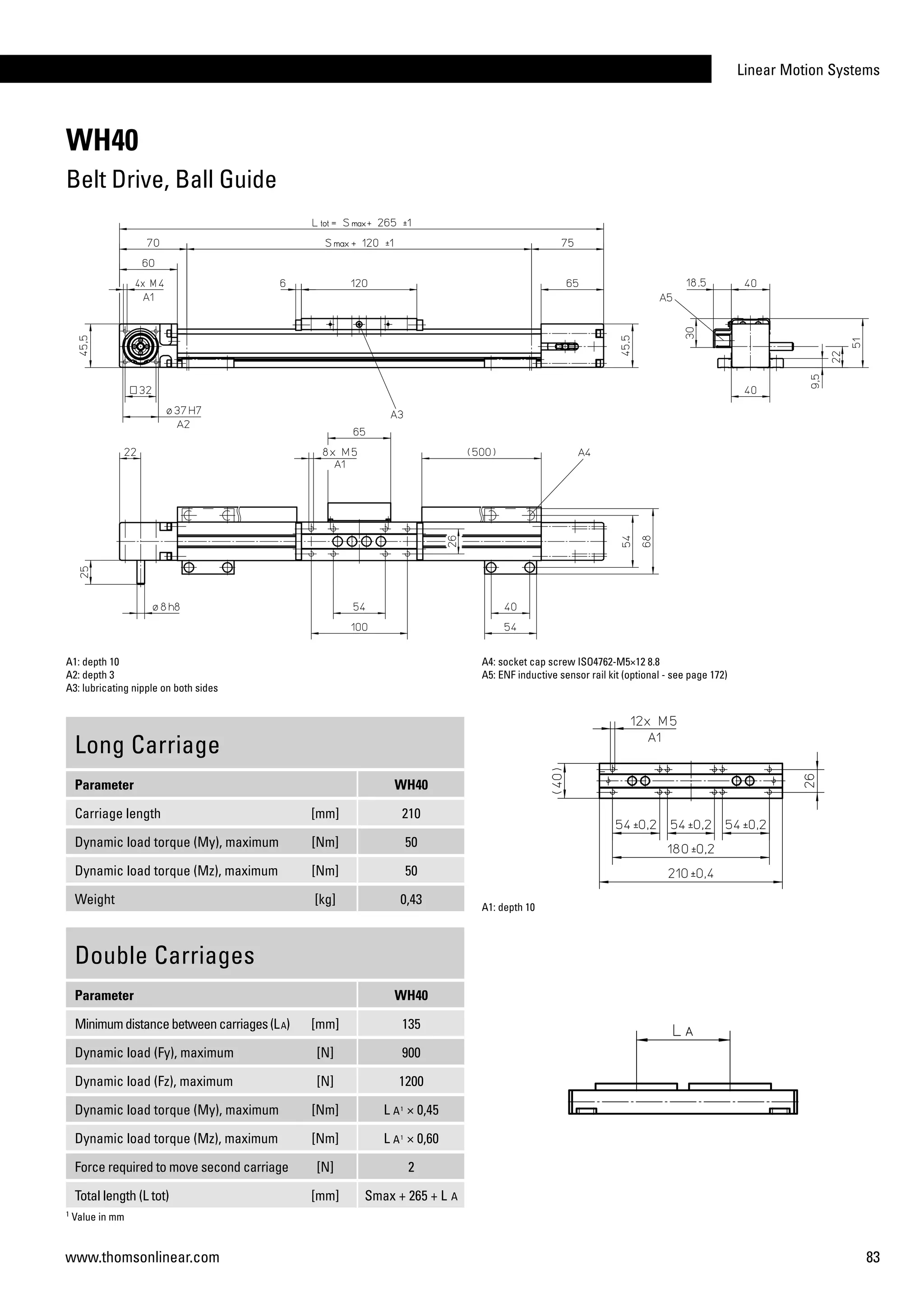 Linear Motion Systems
83www.thomsonlinear.com
WH40
Belt Drive, Ball Guide
Long Carriage
Parameter WH40
Carriage length [mm] 210
Dynamic load torque (My), maximum [Nm] 50
Dynamic load torque (Mz), maximum [Nm] 50
Weight [kg] 0,43
A1: depth 10
A2: depth 3
A3: lubricating nipple on both sides
A4: socket cap screw ISO4762-M5×12 8.8
A5: ENF inductive sensor rail kit (optional - see page 172)
Double Carriages
Parameter WH40
Minimumdistancebetweencarriages(LA) [mm] 135
Dynamic load (Fy), maximum [N] 900
Dynamic load (Fz), maximum [N] 1200
Dynamic load torque (My), maximum [Nm] L A1
× 0,45
Dynamic load torque (Mz), maximum [Nm] L A1
× 0,60
Force required to move second carriage [N] 2
Total length (L tot) [mm] Smax + 265 + L A
A1: depth 10
1
Value in mm
 