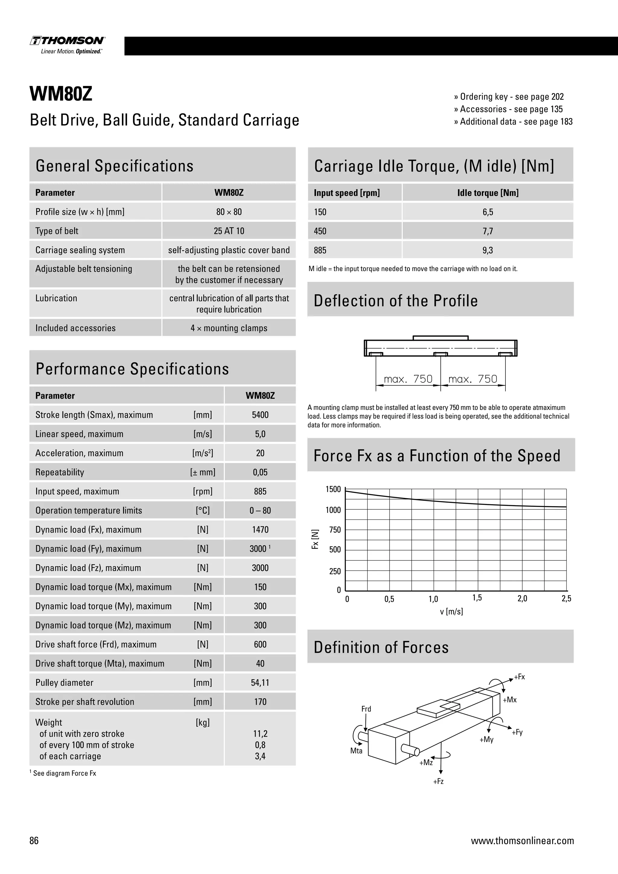 86 www.thomsonlinear.com
WM80Z
Belt Drive, Ball Guide, Standard Carriage
Performance Specifications
Parameter WM80Z
Stroke length (Smax), maximum [mm] 5400
Linear speed, maximum [m/s] 5,0
Acceleration, maximum [m/s2
] 20
Repeatability [± mm] 0,05
Input speed, maximum [rpm] 885
Operation temperature limits [°C] 0 – 80
Dynamic load (Fx), maximum [N] 1470
Dynamic load (Fy), maximum [N] 3000 1
Dynamic load (Fz), maximum [N] 3000
Dynamic load torque (Mx), maximum [Nm] 150
Dynamic load torque (My), maximum [Nm] 300
Dynamic load torque (Mz), maximum [Nm] 300
Drive shaft force (Frd), maximum [N] 600
Drive shaft torque (Mta), maximum [Nm] 40
Pulley diameter [mm] 54,11
Stroke per shaft revolution [mm] 170
Weight
of unit with zero stroke
of every 100 mm of stroke
of each carriage
[kg]
11,2
0,8
3,4
General Specifications
Parameter WM80Z
Profile size (w × h) [mm] 80 × 80
Type of belt 25 AT 10
Carriage sealing system self-adjusting plastic cover band
Adjustable belt tensioning the belt can be retensioned
by the customer if necessary
Lubrication central lubrication of all parts that
require lubrication
Included accessories 4 × mounting clamps
Carriage Idle Torque, (M idle) [Nm]
Input speed [rpm] Idle torque [Nm]
150 6,5
450 7,7
885 9,3
M idle = the input torque needed to move the carriage with no load on it.
Force Fx as a Function of the Speed
Definition of Forces
1
See diagram Force Fx
Deflection of the Profile
A mounting clamp must be installed at least every 750 mm to be able to operate atmaximum
load. Less clamps may be required if less load is being operated, see the additional technical
data for more information.
» Ordering key - see page 202
» Accessories - see page 135
» Additional data - see page 183
 
