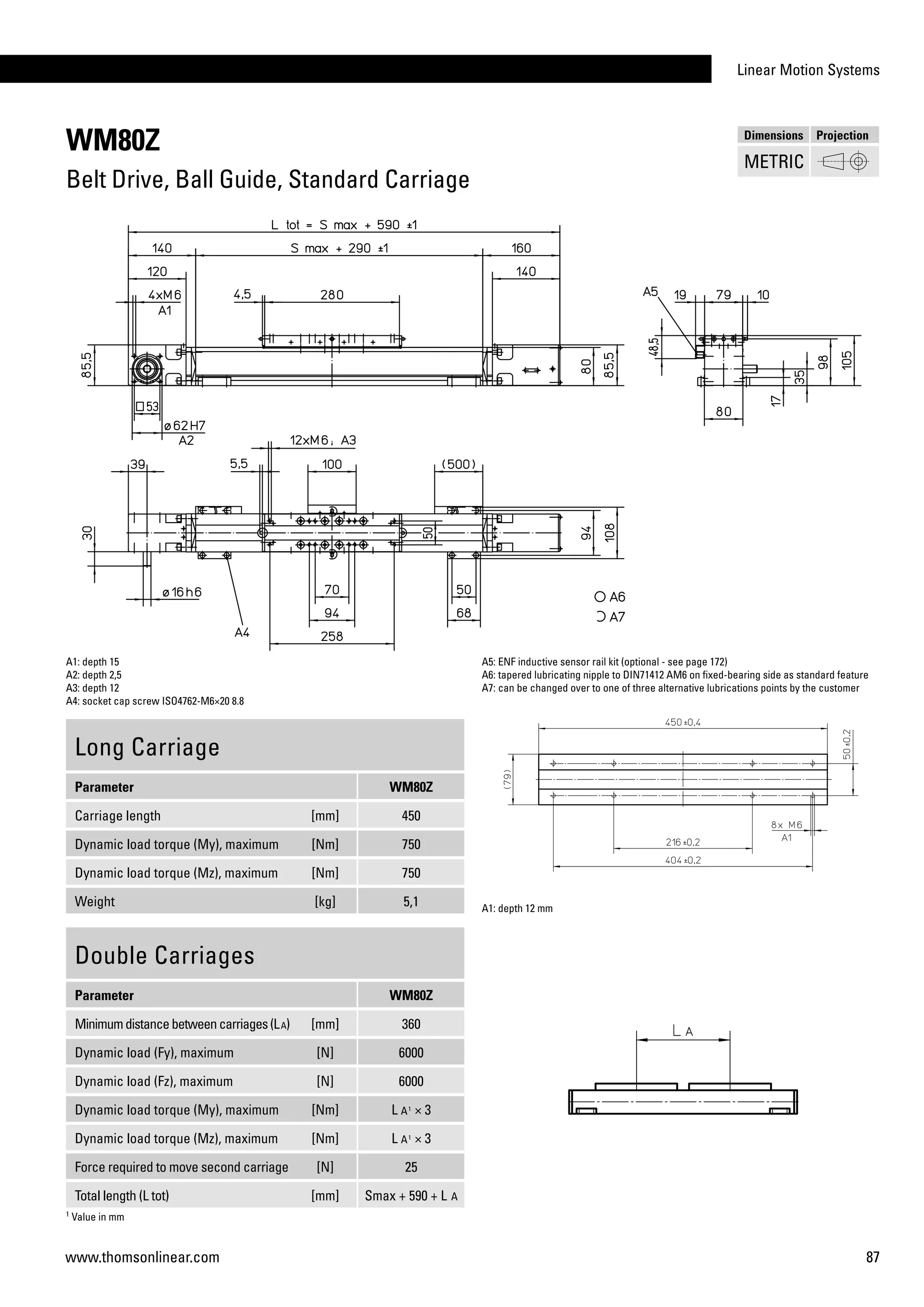Linear Motion Systems
87www.thomsonlinear.com
WM80Z
Belt Drive, Ball Guide, Standard Carriage
A1: depth 15
A2: depth 2,5
A3: depth 12
A4: socket cap screw ISO4762-M6×20 8.8
A5: ENF inductive sensor rail kit (optional - see page 172)
A6: tapered lubricating nipple to DIN71412 AM6 on fixed-bearing side as standard feature
A7: can be changed over to one of three alternative lubrications points by the customer
Double Carriages
Parameter WM80Z
Minimumdistancebetweencarriages(LA) [mm] 360
Dynamic load (Fy), maximum [N] 6000
Dynamic load (Fz), maximum [N] 6000
Dynamic load torque (My), maximum [Nm] L A1
× 3
Dynamic load torque (Mz), maximum [Nm] L A1
× 3
Force required to move second carriage [N] 25
Total length (L tot) [mm] Smax + 590 + L A
1
Value in mm
Long Carriage
Parameter WM80Z
Carriage length [mm] 450
Dynamic load torque (My), maximum [Nm] 750
Dynamic load torque (Mz), maximum [Nm] 750
Weight [kg] 5,1 A1: depth 12 mm
Dimensions Projection
METRIC
 