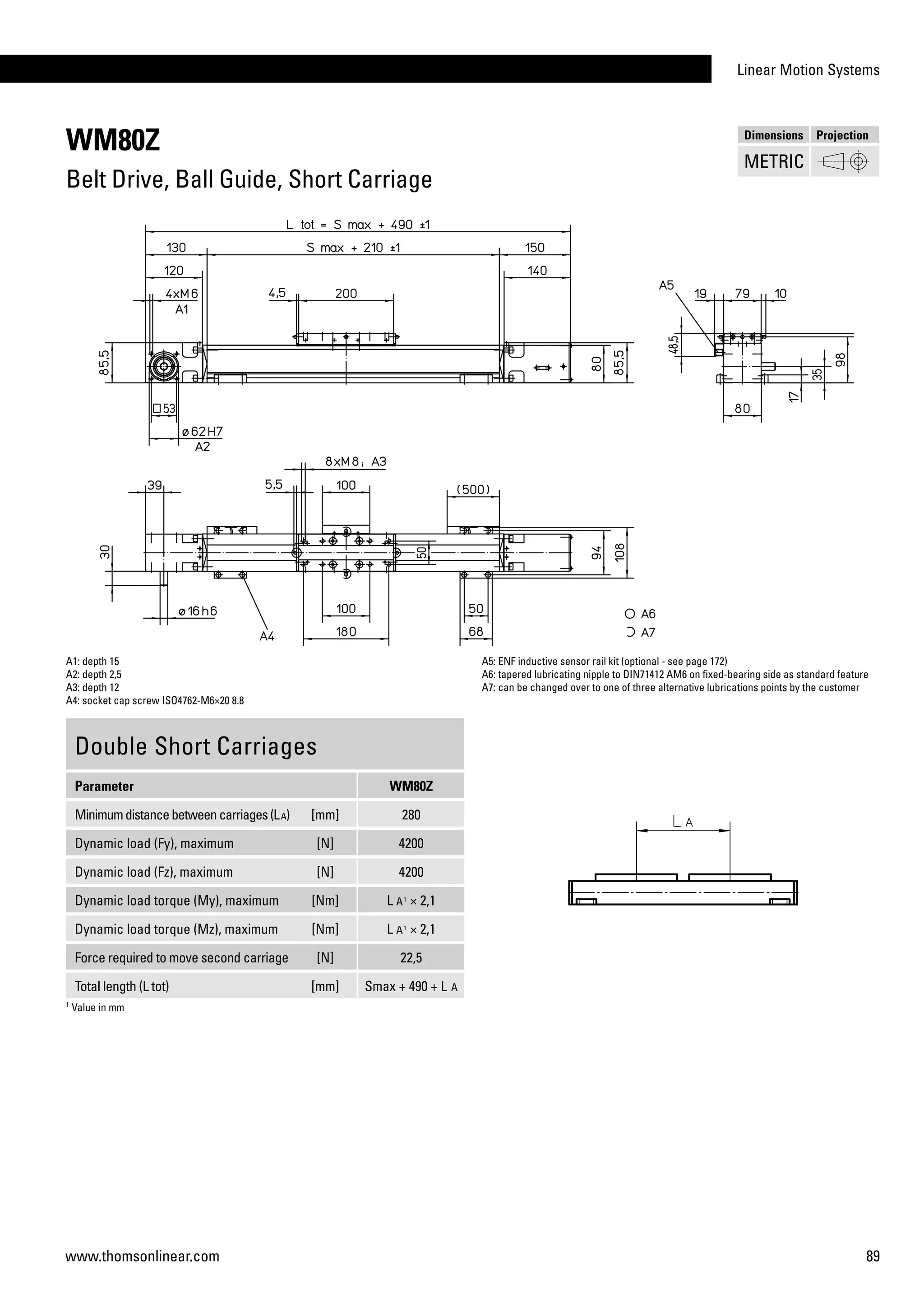 Linear Motion Systems
89www.thomsonlinear.com
WM80Z
Belt Drive, Ball Guide, Short Carriage
A1: depth 15
A2: depth 2,5
A3: depth 12
A4: socket cap screw ISO4762-M6×20 8.8
A5: ENF inductive sensor rail kit (optional - see page 172)
A6: tapered lubricating nipple to DIN71412 AM6 on fixed-bearing side as standard feature
A7: can be changed over to one of three alternative lubrications points by the customer
Double Short Carriages
Parameter WM80Z
Minimumdistancebetweencarriages(LA) [mm] 280
Dynamic load (Fy), maximum [N] 4200
Dynamic load (Fz), maximum [N] 4200
Dynamic load torque (My), maximum [Nm] L A1
× 2,1
Dynamic load torque (Mz), maximum [Nm] L A1
× 2,1
Force required to move second carriage [N] 22,5
Total length (L tot) [mm] Smax + 490 + L A
1
Value in mm
Dimensions Projection
METRIC
 