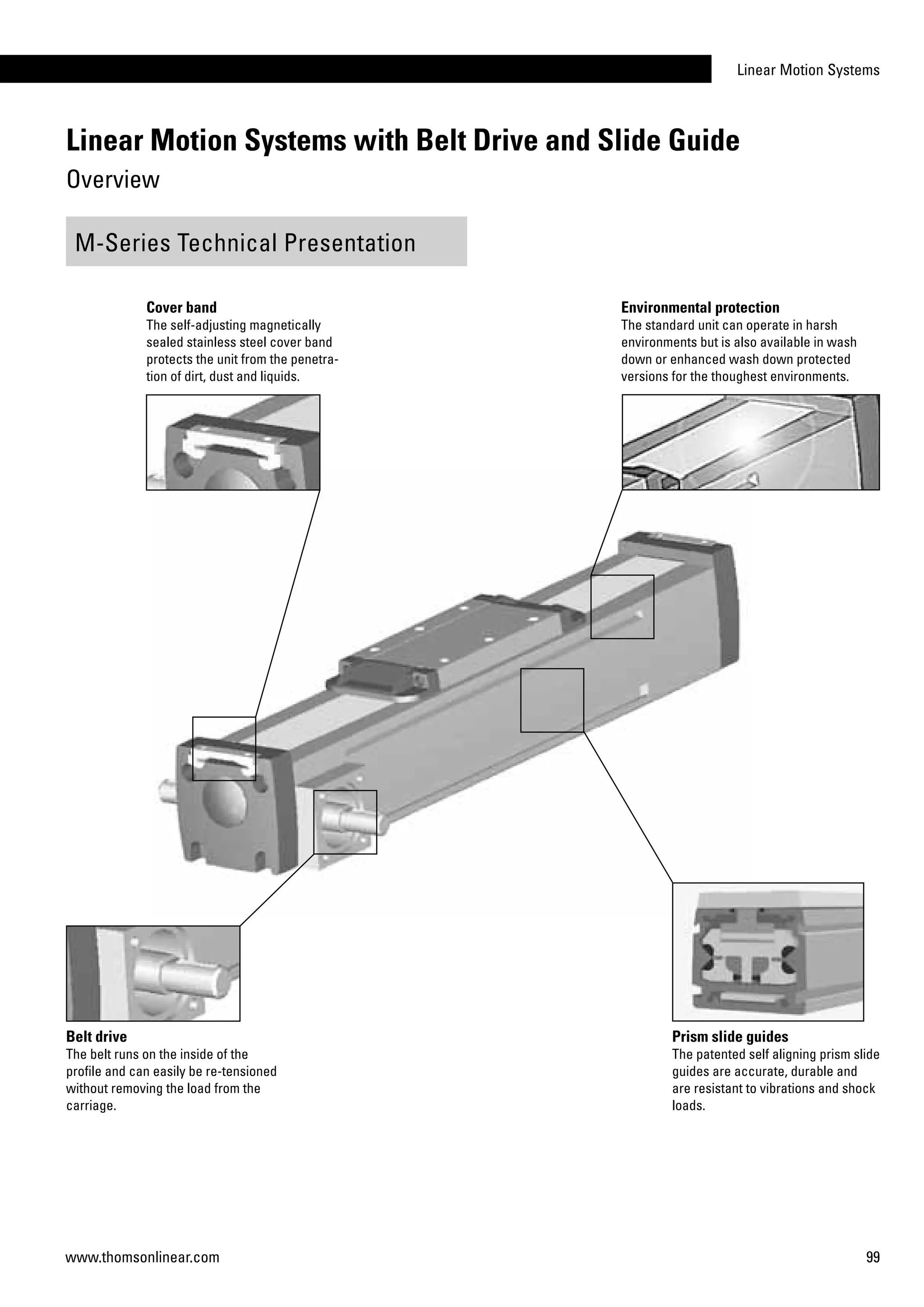 Linear Motion Systems
99www.thomsonlinear.com
M-Series Technical Presentation
Cover band
The self-adjusting magnetically
sealed stainless steel cover band
protects the unit from the penetra-
tion of dirt, dust and liquids.
Environmental protection
The standard unit can operate in harsh
environments but is also available in wash
down or enhanced wash down protected
versions for the thoughest environments.
Belt drive
The belt runs on the inside of the
profile and can easily be re-tensioned
without removing the load from the
carriage.
Prism slide guides
The patented self aligning prism slide
guides are accurate, durable and
are resistant to vibrations and shock
loads.
Linear Motion Systems with Belt Drive and Slide Guide
Overview
 
