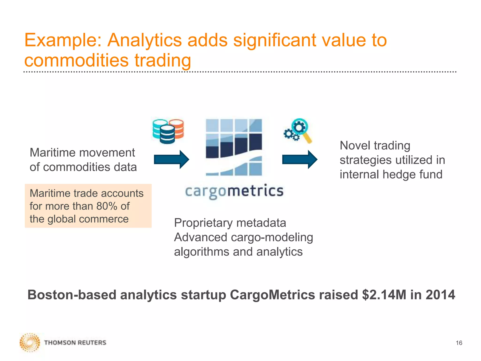 Example: Analytics adds significant value to
commodities trading
16
Boston-based analytics startup CargoMetrics raised $2.14M in 2014
Novel trading
strategies utilized in
internal hedge fund
Proprietary metadata
Advanced cargo-modeling
algorithms and analytics
Maritime movement
of commodities data
Maritime trade accounts
for more than 80% of
the global commerce
 