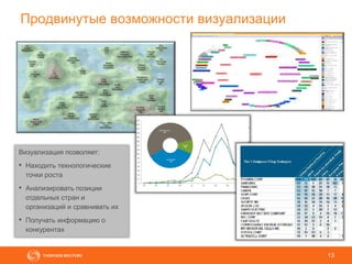 13
Продвинутые возможности визуализации
Визуализация позволяет:
• Находить технологические
точки роста
• Анализировать позиции
отдельных стран и
организаций и сравнивать их
• Получать информацию о
конкурентах
 