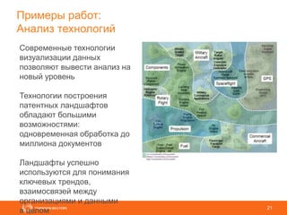 21
Примеры работ:
Анализ технологий
Современные технологии
визуализации данных
позволяют вывести анализ на
новый уровень
Технологии построения
патентных ландшафтов
обладают большими
возможностями:
одновременная обработка до
миллиона документов
Ландшафты успешно
используются для понимания
ключевых трендов,
взаимосвязей между
организациями и данными
в целом
 