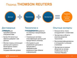 4
Подход THOMSON REUTERS
Данные Технологии Экспертиза
Поддержк
а
стратеги-
ческих
решений
• Информация
прорабатывается
специалистами
• Более 40 патентных
офисов доверяют нам
данные
• Многие страны используют
данные для оценки и
мониторинга своего
развития на
государственном уровне
Достоверные
данные
4
• Уникальные инструменты
по анализу и визуализации
данных
• Уникальные системы
классификации данных для
продуктивного анализа
• Инструменты для
управления данными и
процессами с
современными
возможностями обмена
информацией
Технологии и
инструменты • Консультанты тесно
сотрудничают с клиентами
• Экспертиза в области
анализа развития
технологии
• Высококвалифицированны
е сотрудники с учеными
степенями
• Экспертиза из разных
областей на основе
глобального опыта
Thomson Reuters
Опытные эксперты
 