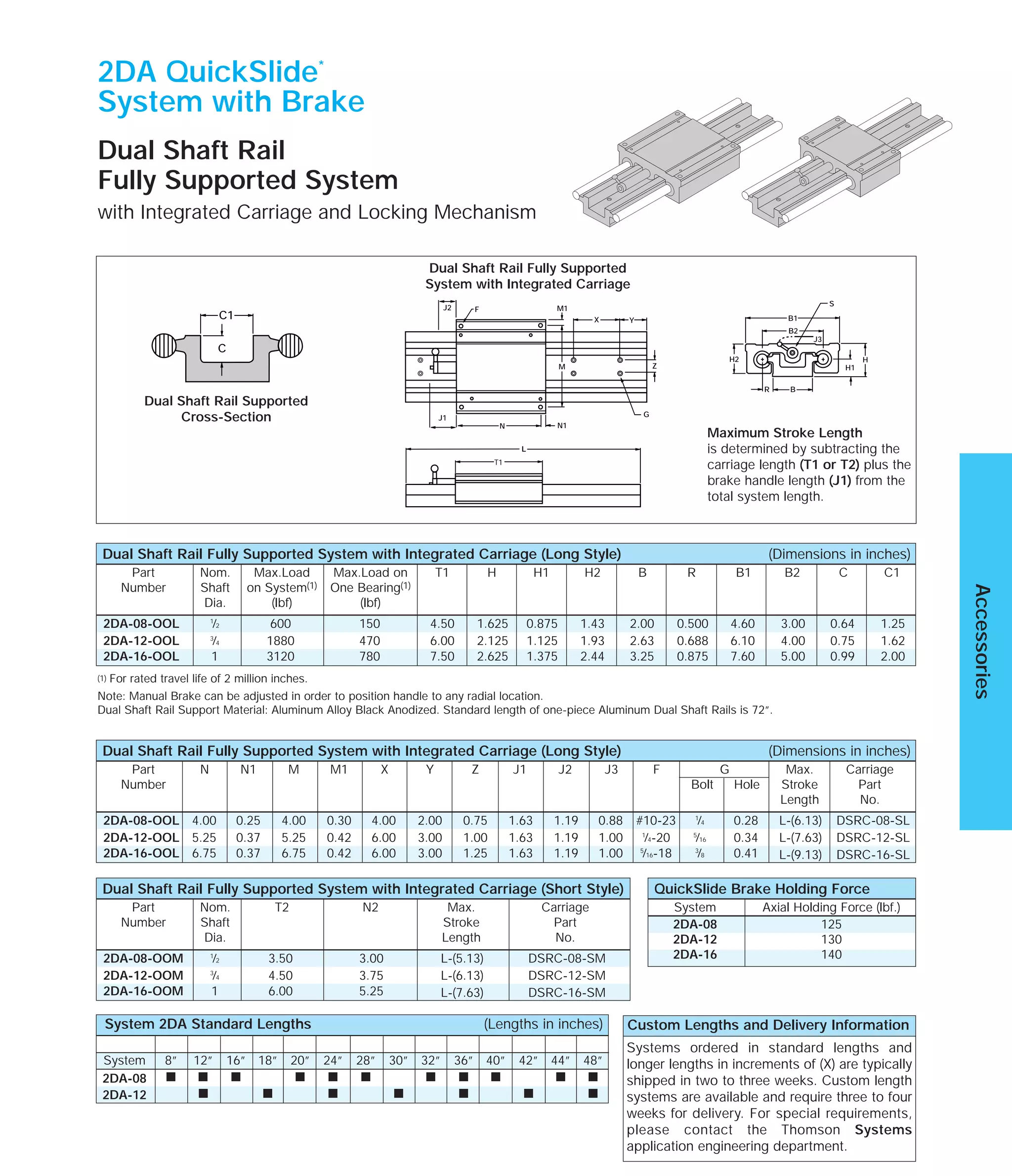System 8” 12” 16” 18” 20” 24” 28” 30” 32” 36” 40” 42” 44” 48”
2DA-08 s s s s s s s s s s s
2DA-12 s s s s s s s
2DA-08-OOM 1
⁄2 3.50 3.00 L-(5.13) DSRC-08-SM
2DA-12-OOM 3
⁄4 4.50 3.75 L-(6.13) DSRC-12-SM
2DA-16-OOM 1 6.00 5.25 L-(7.63) DSRC-16-SM
2DA-08 125
2DA-12 130
2DA-16 140
2DA-08-OOL 4.00 0.25 4.00 0.30 4.00 2.00 0.75 1.63 1.19 0.88 #10-23 1
⁄4 0.28 L-(6.13) DSRC-08-SL
2DA-12-OOL 5.25 0.37 5.25 0.42 6.00 3.00 1.00 1.63 1.19 1.00 1
⁄4-20 5
⁄16 0.34 L-(7.63) DSRC-12-SL
2DA-16-OOL 6.75 0.37 6.75 0.42 6.00 3.00 1.25 1.63 1.19 1.00 5
⁄16-18 3
⁄8 0.41 L-(9.13) DSRC-16-SL
2DA-08-OOL 1
⁄2 600 150 4.50 1.625 0.875 1.43 2.00 0.500 4.60 3.00 0.64 1.25
2DA-12-OOL 3
⁄4 1880 470 6.00 2.125 1.125 1.93 2.63 0.688 6.10 4.00 0.75 1.62
2DA-16-OOL 1 3120 780 7.50 2.625 1.375 2.44 3.25 0.875 7.60 5.00 0.99 2.00
The specifications and data in this publication are believed to be accurate and reliable. However, it is the responsibility of the product user to determine the
suitability of Thomson products for a specific application. While defective products will be replaced without charge if promptly returned, no liability is
assumed beyond such replacement.
* Trademark of Thomson Industries, Inc. THOMSON is registered in the U.S. Patent and Trademark Office and in other countries.
Accessories
Page 295
For more information, or to place an order, please contact Thomson Industries, at 1-800-554-THOMSON,
Fax: 1-800-445-0329, or E-mail at systems@thomsonmail.com.
2DA QuickSlide*
System with Brake
Dual Shaft Rail
Fully Supported System
with Integrated Carriage and Locking Mechanism
F M1
X Y
Z
G
M
N N1
L
T1
J1
J2
C1
C
Dual Shaft Rail Fully Supported System with Integrated Carriage (Long Style) (Dimensions in inches)
Part N N1 M M1 X Y Z J1 J2 J3 F G Max. Carriage
Number Bolt Hole Stroke Part
Length No.
Dual Shaft Rail Fully Supported System with Integrated Carriage (Long Style) (Dimensions in inches)
Part Nom. Max.Load Max.Load on T1 H H1 H2 B R B1 B2 C C1
Number Shaft on System(1) One Bearing(1)
Dia. (lbf) (lbf)
Dual Shaft Rail Fully Supported System with Integrated Carriage (Short Style)
Part Nom. T2 N2 Max. Carriage
Number Shaft Stroke Part
Dia. Length No.
QuickSlide Brake Holding Force
System Axial Holding Force (lbf.)
Dual Shaft Rail Fully Supported
System with Integrated Carriage
Dual Shaft Rail Supported
Cross-Section
Maximum Stroke Length
is determined by subtracting the
carriage length (T1 or T2) plus the
brake handle length (J1) from the
total system length.
B1
S
B2
H1
BR
H2 H
J3
Systems ordered in standard lengths and
longer lengths in increments of (X) are typically
shipped in two to three weeks. Custom length
systems are available and require three to four
weeks for delivery. For special requirements,
please contact the Thomson Systems
application engineering department.
Custom Lengths and Delivery InformationSystem 2DA Standard Lengths (Lengths in inches)
(1) For rated travel life of 2 million inches.
Note: Manual Brake can be adjusted in order to position handle to any radial location.
Dual Shaft Rail Support Material: Aluminum Alloy Black Anodized. Standard length of one-piece Aluminum Dual Shaft Rails is 72”.
 