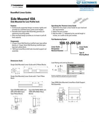 250 www.thomsonlinear.com
Dimensions (Inch)
Single Side Mounted Linear Guide with 2 Pillow Blocks
Single Side Mounted Linear Guide with 1 Twin Pillow
Block
Type SSUPBO-MOD and 	 Type SSUTWNO-MOD and
SPB-OPN-MOD Open 	 TWN-OPN-MOD Pillow
Type Pillow Blocks	 Blocks
Load Rating and Limit by Direction
Fc Ft
Fs
Dynamic Load
Rating
Load Limit
Fc
C C
Ft
0.5C 0.5C
Fs
C 0.5C
Dynamic Load Rating: Load value used in life calculation.
Load Limit: Maximum allowable load applied to bearing.
Type SSRA Side Mounted LinearRace Shaft Support
Rail Assembly
Side Mounted 1DA
Side Mounted for Low Profile Inch
Features
•	Continuously supported design increases rigidity and
provides for unlimited linear guide travel lengths
•	Versatile Side Support Rail Assembly geometry for
optimizing mounting ability
•	Side mounted design provides an increase in pull-off
load capacity
Components
•	2 Super Smart Ball Bushing modified open type pillow
blocks or 1 Super Smart Ball Bushing modified open
type twin pillow block.
•	1 60 Case LinearRace shaft side mounted support rail
assembly
Specifying this Thomson Linear Guide
1. Determine the proper Linear Guide for your load and
	 life requirements.
2. Select the part number.
3. Add the letter “L” followed by the overall length in
	 inches, as a suffix to the part number.
Part Numbering System
Linear Guide
Designation
Nominal Diameter
1DA-12-JOO L24
Linear Guide
Length
Type of
Bearing Block
H
B1
B
L2
L
L1
L
J
J1 L1
L2
B
D
C
Y CX
L
G
E
H1
R
J2
B9 B9
H8 A
H9
F
JJF
H8 A
H9
H
B1
B
L2
L
L1
L
J
J1 L1
L2
B
D
C
Y CX
L
G
E
H1
R
J2
B9 B9
H8 A
H9
F
JJF
H8 A
H9
J
J1 L1
L2
B
D
C
Y CX
L
G
E
H1
R
J2
B9 B9
H8 A
H9
F
JJF
H8 A
H9
RoundRail Linear Guides
ELECTROMATE
Toll Free Phone (877) SERVO98
Toll Free Fax (877) SERV099
www.electromate.com
sales@electromate.com
Sold  Serviced By:
 