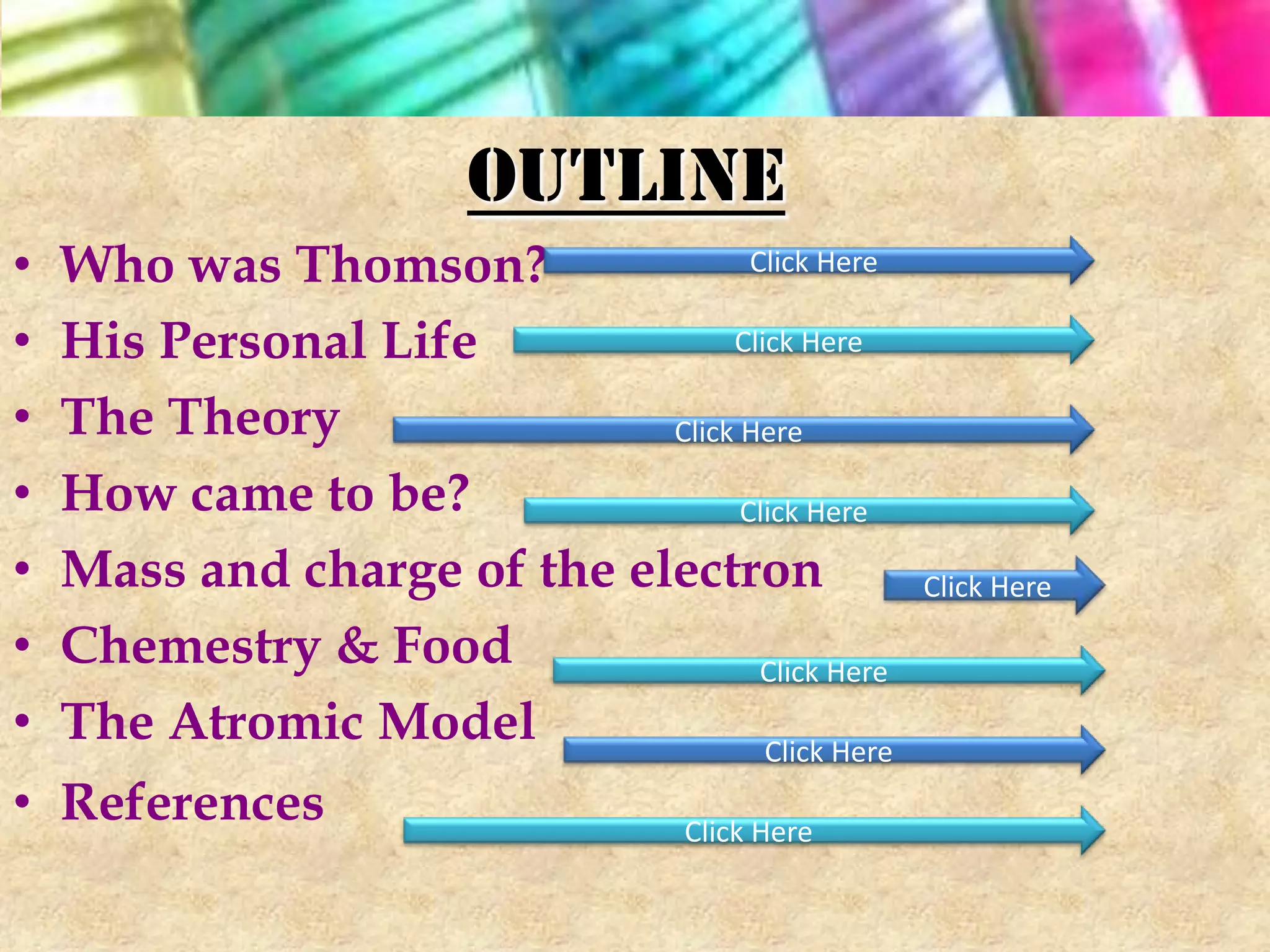 Outline
•   Who was Thomson?                Click Here

•   His Personal Life             Click Here

•   The Theory               Click Here

•   How came to be?                Click Here

•   Mass and charge of the electron               Click Here

•   Chemestry & Food                 Click Here
•   The Atromic Model                Click Here
• References                        Click Here
 