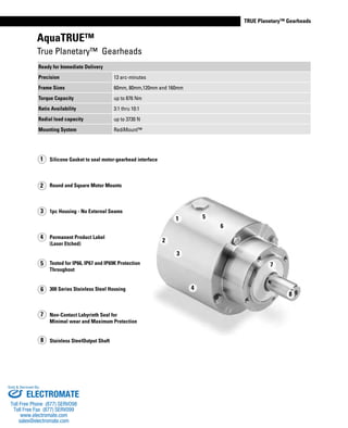 www.thomsonlinear.com 13
TRUE Planetary™ Gearheads
AquaTRUE™
True Planetary™ Gearheads
Silicone Gasket to seal motor-gearhead interface
Round and Square Motor Mounts
1pc Housing - No External Seams
Permanent Product Label
(Laser Etched)
Tested for IP66, IP67 and IP69K Protection
Throughout
300 Series Stainless Steel Housing
Non-Contact Labyrinth Seal for
Minimal wear and Maximum Protection
Stainless SteelOutput Shaft
1
2
5
4
3
Ready for Immediate Delivery
Precision 13 arc-minutes
Frame Sizes 60mm, 80mm,120mm and 160mm
Torque Capacity up to 876 Nm
Ratio Availability 3:1 thru 10:1
Radial load capacity up to 3730 N
Mounting System RediMount™
Tested for IP66, IP67 and IP69K Protection
1
2
3
4
5
6
7
8
8
7
6
ELECTROMATE
Toll Free Phone (877) SERVO98
Toll Free Fax (877) SERV099
www.electromate.com
sales@electromate.com
Sold & Serviced By:
 