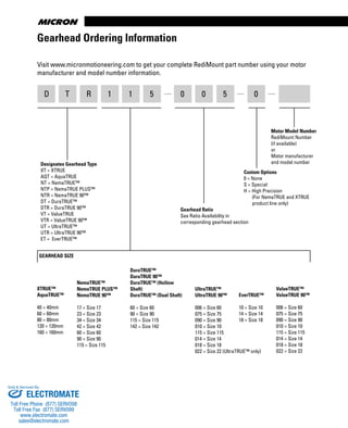 www.thomsonlinear.com108
00511RTD 5
Designates Gearhead Type
XT = XTRUE
AQT = AquaTRUE
NT = NemaTRUE™
NTP = NemaTRUE PLUS™
NTR = NemaTRUE 90™
DT = DuraTRUE™
DTR = DuraTRUE 90™
VT = ValueTRUE
VTR = ValueTRUE 90™
UT = UltraTRUE™
UTR = UltraTRUE 90™
ET = EverTRUE™
Gearhead Ratio
See Ratio Availability in
corresponding gearhead section
Custom Options
0 = None
S = Special
H = High Precision
(For NemaTRUE and XTRUE
product line only)
Motor Model Number
RediMount Number
(if available)
or
Motor manufacturer
and model number
NemaTRUE™
NemaTRUE PLUS™
NemaTRUE 90™
17 = Size 17
23 = Size 23
34 = Size 34
42 = Size 42
60 = Size 60
90 = Size 90
115 = Size 115
DuraTRUE™
DuraTRUE 90™
DuraTRUE™ (Hollow
Shaft)
DuraTRUE™ (Dual Shaft)
60 = Size 60
90 = Size 90
115 = Size 115
142 = Size 142
UltraTRUE™
UltraTRUE 90™
006 = Size 60
075 = Size 75
090 = Size 90
010 = Size 10
115 = Size 115
014 = Size 14
018 = Size 18
022 = Size 22 (UltraTRUE™ only)
EverTRUE™
10 = Size 10
14 = Size 14
18 = Size 18
ValueTRUE™
ValueTRUE 90™
006 = Size 60
075 = Size 75
090 = Size 90
010 = Size 10
115 = Size 115
014 = Size 14
018 = Size 18
022 = Size 22
GEARHEAD SIZE
Gearhead Ordering Information
0
XTRUE™
AquaTRUE™
40 = 40mm
60 = 60mm
80 = 80mm
120 = 120mm
160 = 160mm
Visit www.micronmotioneering.com to get your complete RediMount part number using your motor
manufacturer and model number information.
ELECTROMATE
Toll Free Phone (877) SERVO98
Toll Free Fax (877) SERV099
www.electromate.com
sales@electromate.com
Sold & Serviced By:
 