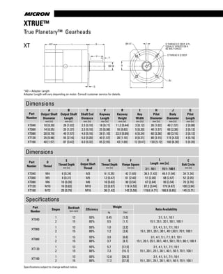 www.thomsonlinear.com20
TRUE Planetary™ Gearheads
XTRUE™
True Planetary™ Gearheads
XT
Dimensions
Part
Number
D
Thread
E
Thread Depth
mm [in]
O
Output Shaft
Thread
Q
Thread Depth
mm [in]
F
Flange Square
mm [in]
L
Length mm [in]
C
Bolt Circle
mm [in]3:1 - 10:1 15:1 - 100:1
XT040 M4 6 [0.24] M3 9 [ 0.35] 42 [1.65] 36.5 [1.43] 49.5 [1.94] 34 [1.34]
XT060 M5 8 [0.31] M5 12 [0.47] 61 [2.40] 51 [2.00] 68 [2.67] 52 [2.05]
XT080 M6 10 [0.39] M6 16 [0.63] 90 [3.54] 67 [2.64] 90 [3.54] 70 [2.76]
XT120 M10 16 [0.63] M10 22 [0.87] 119 [4.53] 87.3 [3.44] 179 [4.67] 100 [3.94]
XT160 M12 20 [0.79] M16 36 [1.42] 142 [5.59] 119.6 [4.71] 168.9 [6.65] 145 [5.71]
Specifications
Part
Number
Stages Backlash
(arc-min)
Efficiency
Weight
Ratio Availablility
kg [lbs]
XT040
1
2
13
15
93%
88%
0.45
0.5
[1.0]
[1.1]
3:1, 5:1, 10:1
15:1; 25:1, 30:1, 50:1, 100:1
XT060
1
2
13
15
93%
88%
1.0
1.2
[2.2]
[2.6]
3:1, 4:1, 5:1, 7:1; 10:1
15:1, 20:1, 25:1, 30:1, 40:1,50:1; 70:1; 100:1
XT080
1
2
13
15
93%
88%
3.0
3.7
[6.6]
[8.1]
3:1, 4:1, 5:1, 7:1; 8:1; 10:1
15:1, 20:1, 25:1, 30:1, 40:1, 50:1; 70:1; 80:1; 100:1
XT120
1
2
13
15
93%
88%
5.7
7.3
[12.5]
[16.1]
3:1, 4:1, 5:1, 7:1; 10:1
15:1, 20:1, 25:1, 30:1, 40:1, 50:1; 70:1; 100:1
XT160
1
2
13
15
93%
88%
12.8
17.2
[28.2]
[37.8]
3:1, 4:1, 5:1, 7:1; 10:1
15:1, 20:1, 25:1, 30:1, 40:1, 50:1; 70:1; 100:1
BLAD*
V
Y
ØA h6
G
ØH h7
R
F
ØJ
D THREAD X E DEEP, 4 PL.
EQUALLY SPACED ON A
ØC BOLT CIRCLE
I
O THREAD X Q DEEP
*AD = Adapter Length
Adapter Length will vary depending on motor. Consult customer service for details.
Dimensions
Part
Number
A
Output Shaft
Diameter
mm [in]
B
Output Shaft
Length
mm [in]
Y
Shaft End
Distance
mm [in]
V
Keyway
Length
mm [in]
R
Keyway
Height
mm [in]
I
Key
Width
mm [in]
H
Pilot
Diameter
mm [in]
J
Body
Diameter
mm [in]
G
Pilot
Length
mm [in]
XT040 10 [0.39] 26 [1.02] 2.5 [0.10] 18 [0.71] 11.2 [0.44] 3 [0.12] 26 [1.02] 40 [1.57] 2 [0.08]
XT060 14 [0.55] 35 [1.37] 2.5 [0.10] 25 [0.98] 16 [0.63] 5 [0.20] 40 [1.57] 60 [2.36] 3 [0.12]
XT080 20 [0.79] 40 [1.57] 4.0 [0.16] 28 [1.10] 22.5 [0.89] 6 [0.24] 60 [2.36] 80 [3.15] 3 [0.12]
XT120 25 [0.98] 55 [2.16] 5.0 [0.20] 40 [1.57] 28 [1.10] 8 [0.31] 80 [3.15] 115 [4.53] 4 [0.16]
XT160 40 [1.57] 87 [3.42] 8.0 [0.32] 65 [2.55] 43 [1.69] 12 [0.47] 130 [5.12] 160 [6.30] 5 [0.20]
Specifications subject to change without notice.
 