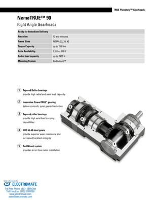 www.thomsonlinear.com 31
TRUE Planetary™ Gearheads
NemaTRUE™ 90
Tapered Roller bearings
provide high radial and axial load capacity
Innovative PowerTRUE* gearing
delivers smooth, quiet geared reduction
Tapered roller bearings
provide high axial load carrying
capabilities
HRC 55-60 steel gears
provide superior wear resistance and
increased backlash integrity
RediMount system
provides error-free motor installation
2
4
5
3
1
1
2
5
4
3
Ready for Immediate Delivery
Precision 13 arc-minutes
Frame Sizes NEMA 23, 34, 42
Torque Capacity up to 255 Nm
Ratio Availability 1:1 thru 500:1
Radial load capacity up to 2900 N
Mounting System RediMount™
Right Angle Gearheads
ELECTROMATE
Toll Free Phone (877) SERVO98
Toll Free Fax (877) SERV099
www.electromate.com
sales@electromate.com
Sold & Serviced By:
 